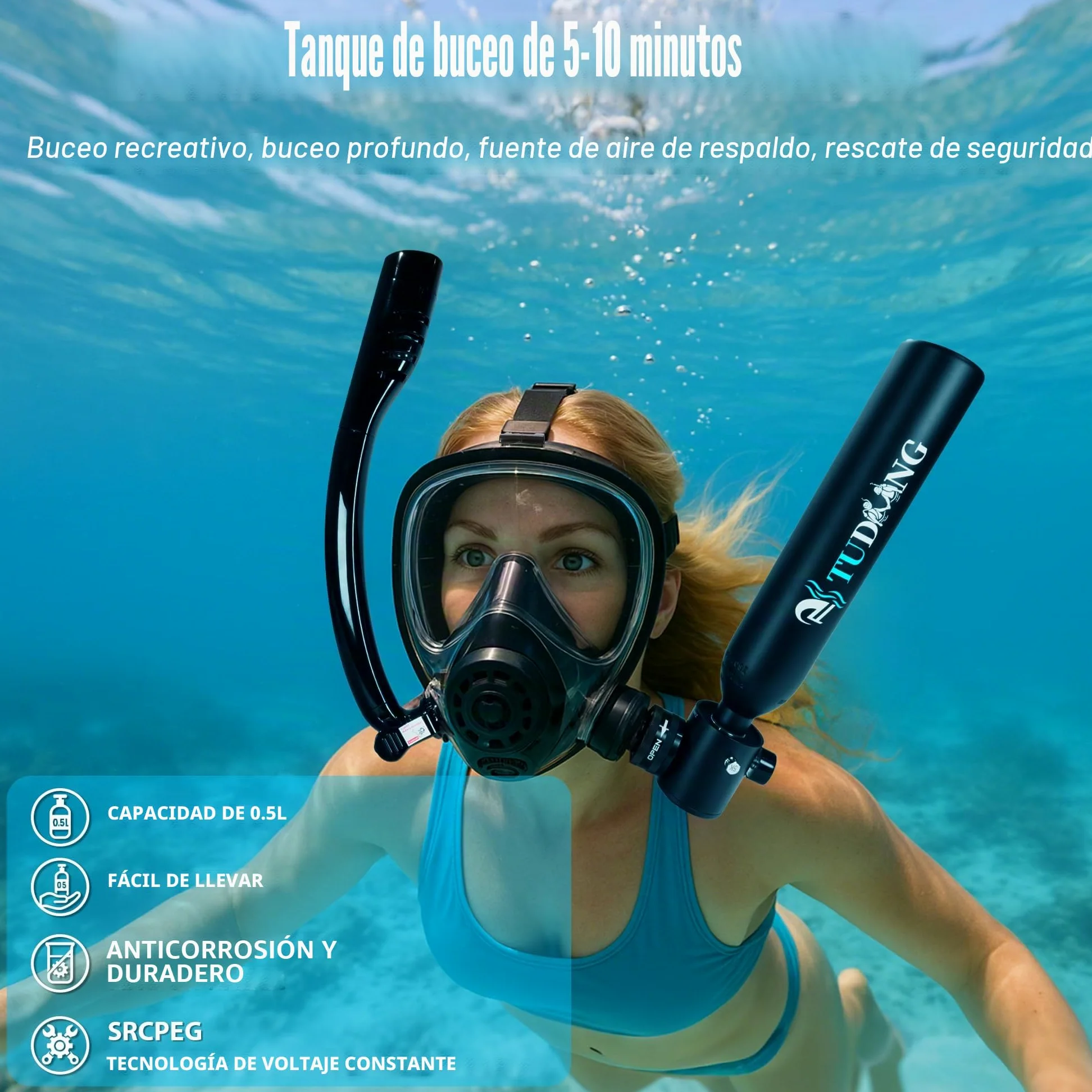 TUDIVING-Juego de Tanque de Buceo de 0,5 L, minicilindro de oxígeno con máscara de Snorkel de Cara Completa, Kit de Buceo de Viaje portátil for Viajes Nadar Rescate