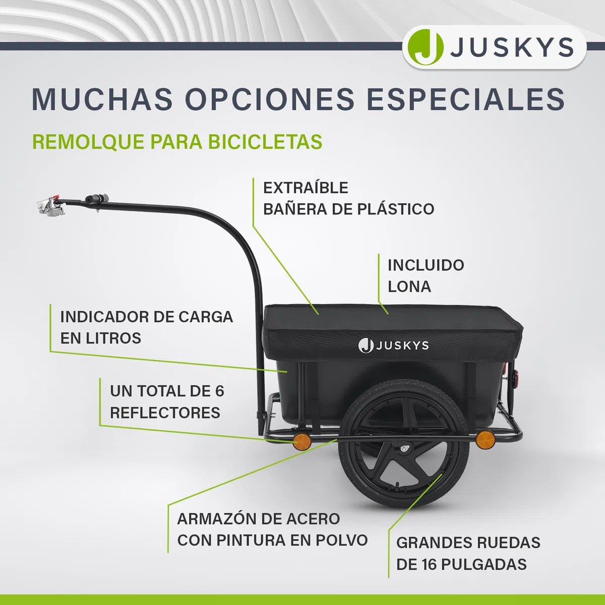 Juskys Remolque para Bicicleta 90 litros - Remolque de Carga con Enganche, Barra de tracción - Remolque para Bicicleta 40/80 kg de Carga útil - Remolque de Transporte con Lona Protectora
