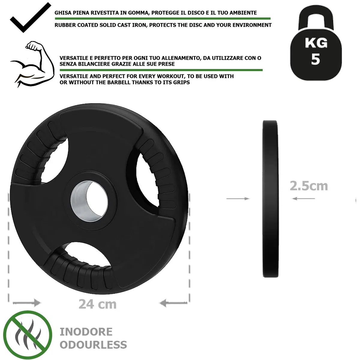 Discos de hierro fundido de goma Olimpónica, agujero Ø50 mm para gimnasio y casa Gym de 1,25 a 25 kg para mancuernas y barras
