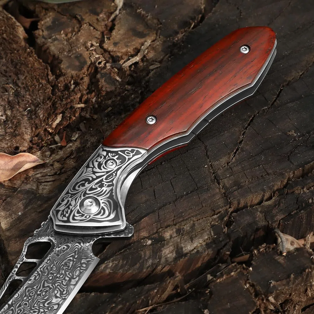 DRACHENADER navaja de bolsillo Damasco mango de madera Slim con funda de cinturón de cuero y clip de bolsillo, de cuchillo plegable de acero de Damasco, mango de madera