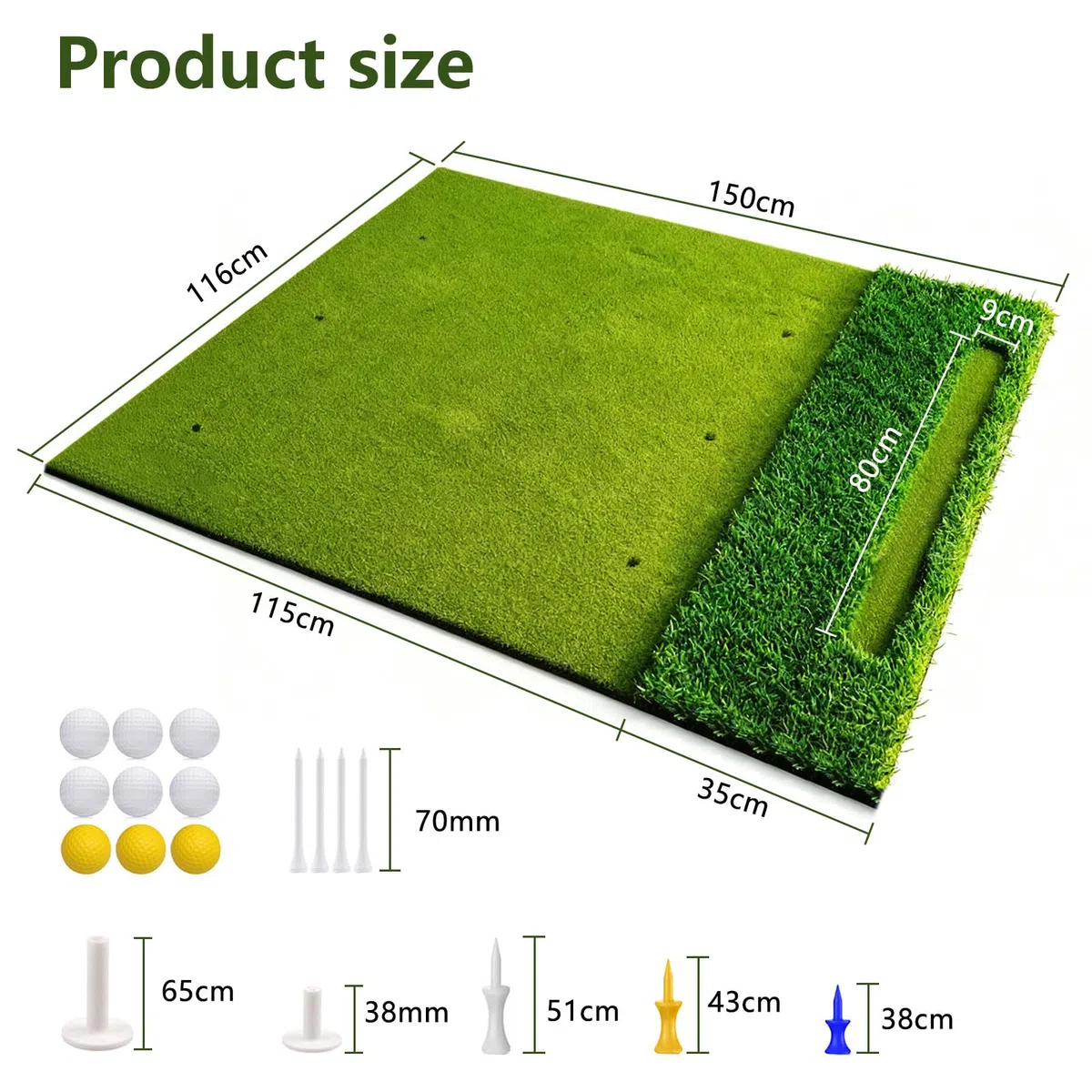 Alfombrilla de golf de 150 x 120 cm, con 40 mm de grosor y 16 mm Fairway Turf, acolchado de EVA de 10 mm, doble área de té y chipping, incluye 9 pelotas y tés, esterilla de práctica de golf extra