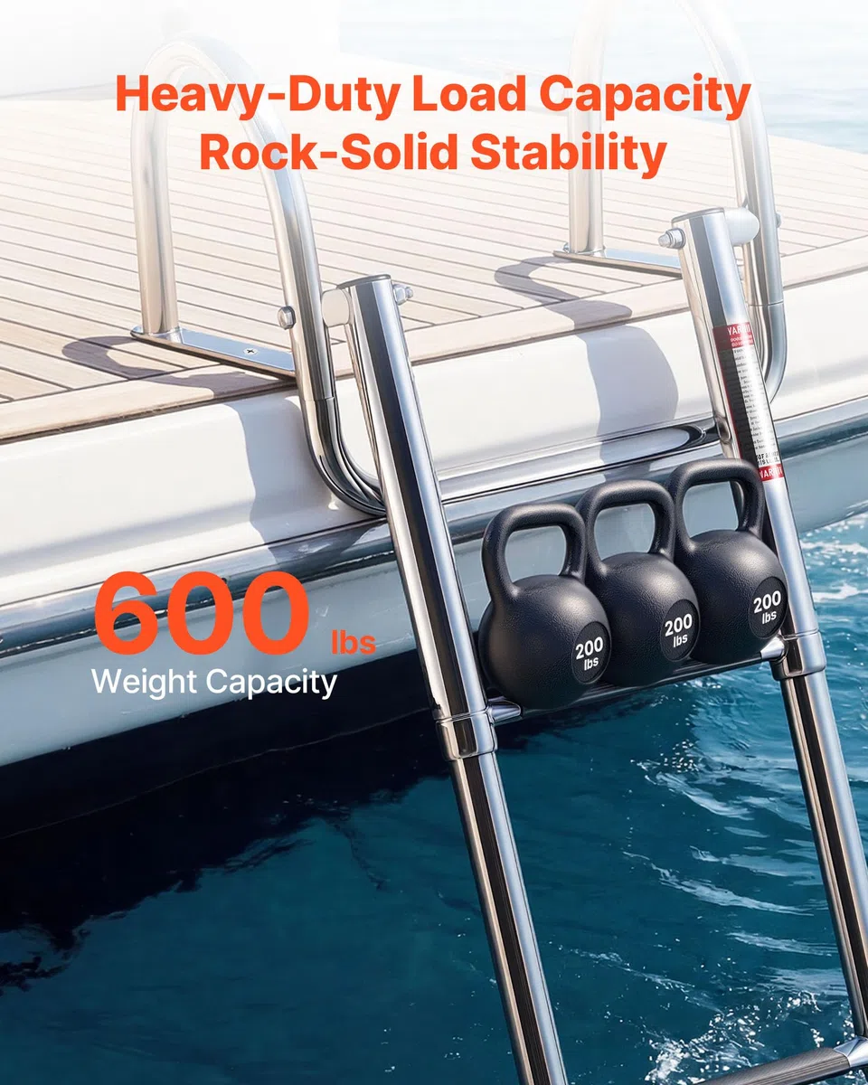 VEVOR Escalera para Barco Telescópica de Acero Inoxidable de 4 Peldaños, Soporta 272 kg, Escalera Plegable de Embarque con Pasamanos y Peldaños Antideslizantes para Muelle, Piscina, Pontón, Plataforma