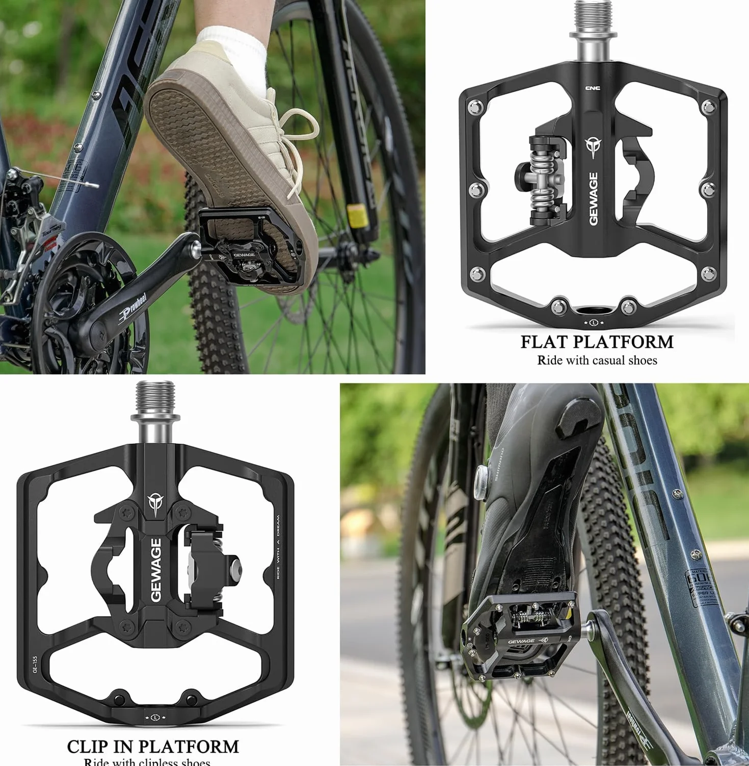 GEWAGE Pedales para Bicicleta de montaña - Pedales Planos para Bicicleta de Doble función y Pedales SPD - Pedales de Plataforma de 9/16" compatibles con SPD para Bicicleta BMX de montaña de Carretera