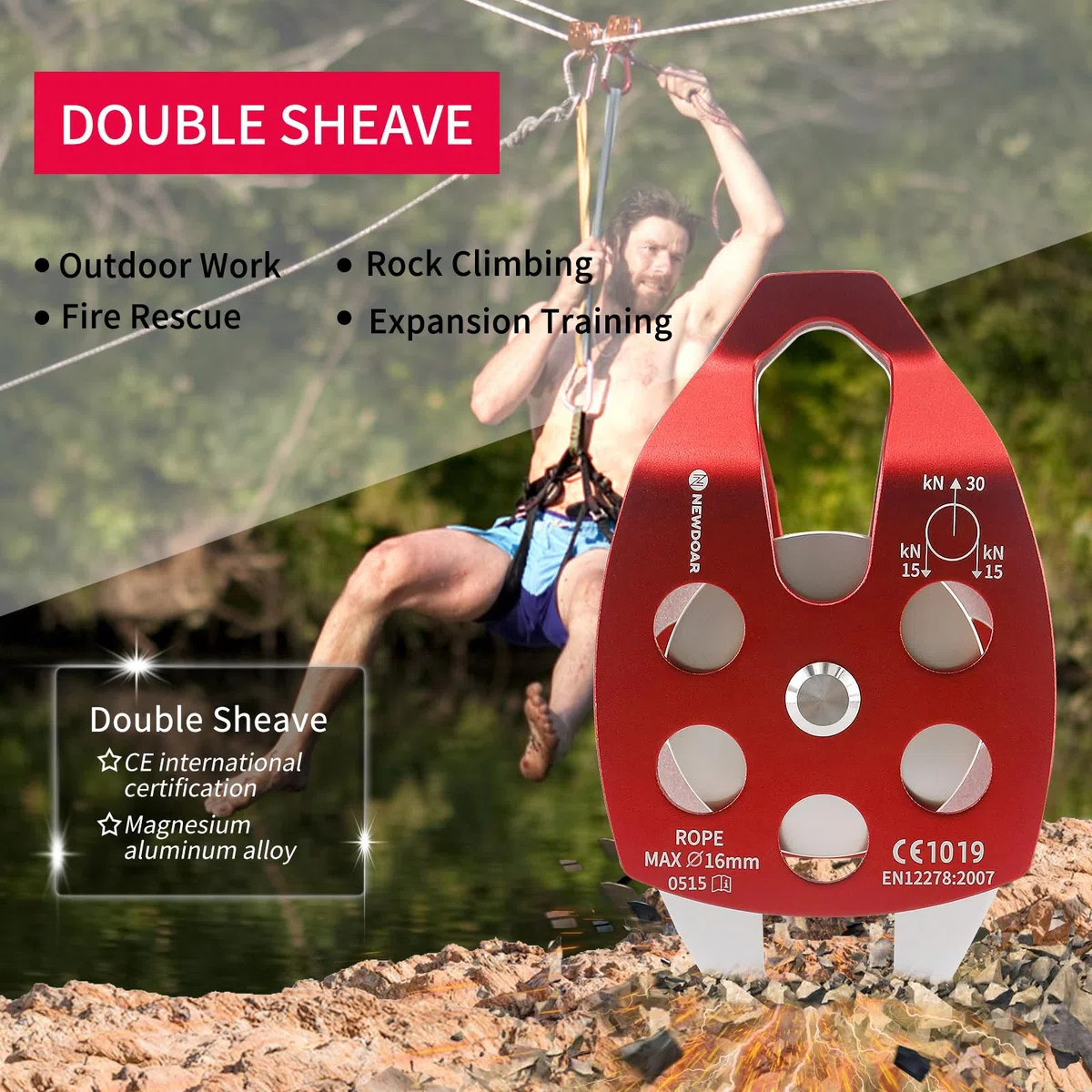 NewDoar Polea de rescate grande con certificado CE de 30 KN, doble polea con placa oscilante para alpinismo al aire libre, rescate de escalada en roca (rojo, 1 unidad)