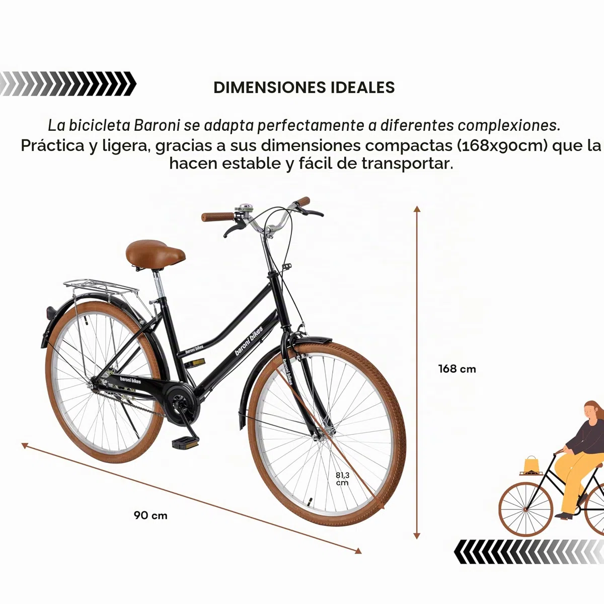 Baroni Home Bicicleta de paseo para hombre y mujer, con timbre, manillar y sillín ajustable, bicicleta con doble freno delantero y trasero, bicicleta de ciudad, negro y marrón, 168 x 90 cm