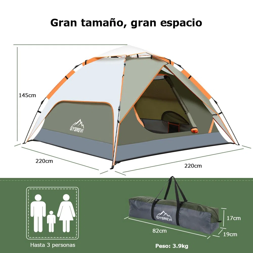 Tienda de Campaña 2-3 Personas, Tienda Pop Up Portátil, Tienda Instantánea con 2 en 1 Doble Capa, Anti Impermeable Viento, para Camping, Familiar, Senderismo, Mochileros