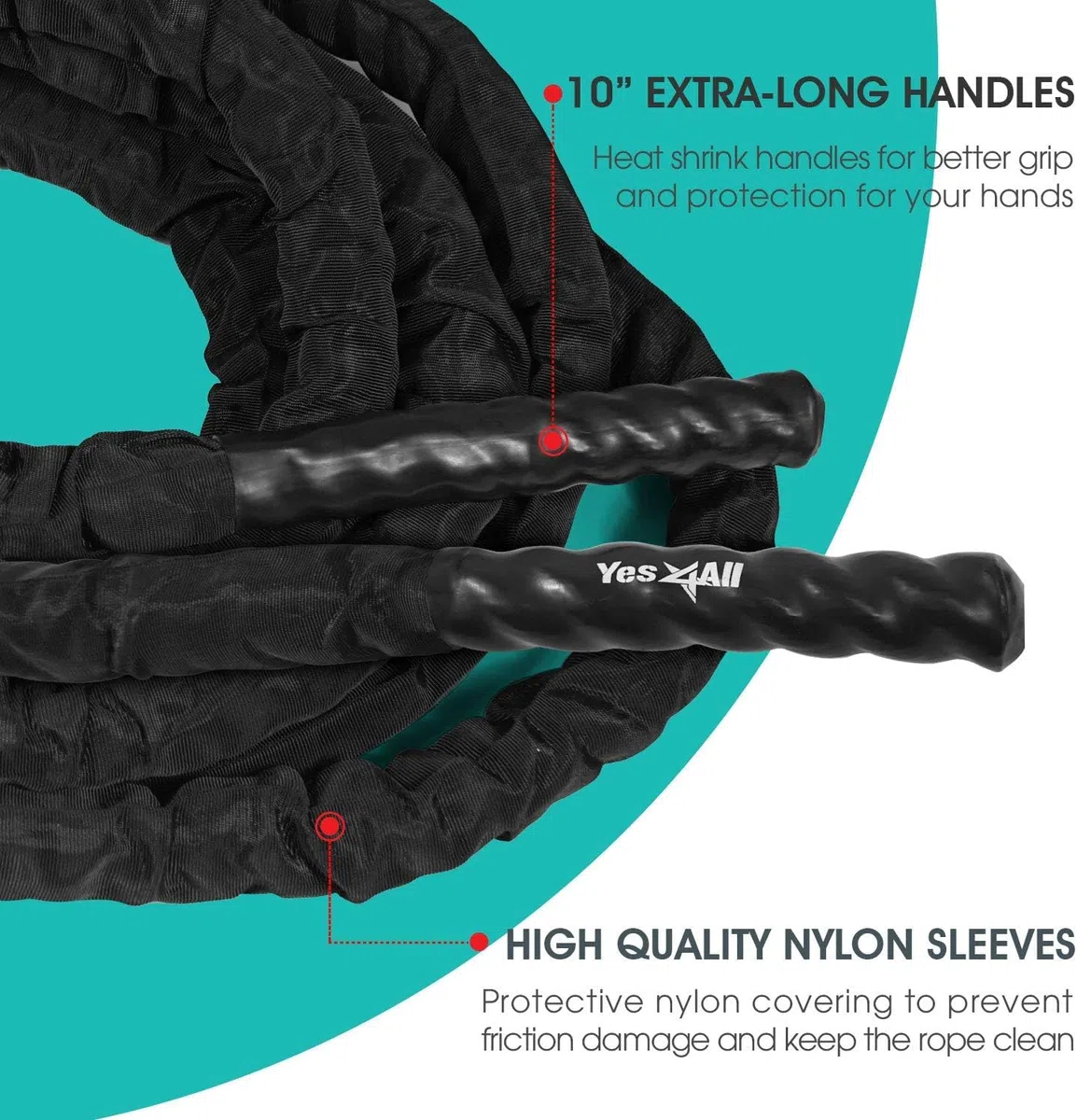 Yes4All Cuerda de combate, cuerda de entrenamiento para ejercicios de combate con funda protectora - anclaje de acero y correa incluidos, 38mm/50mm de diámetro Poly Dacron 9m/12m/15m de longitud