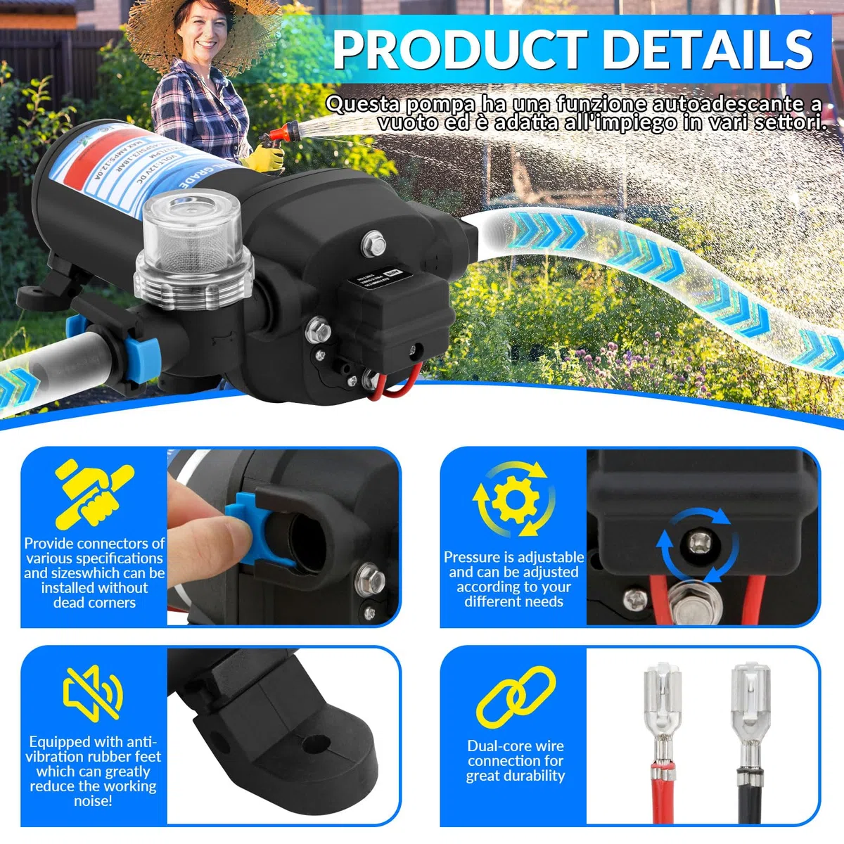 Bomba de Membrana Autocebante12V, 45 PSI, 17 L/min, Bomba de presión de agua Autocebante con Interruptor de Presión, Bomba de Agua Automática con Filtro Rápido, para Riego de Jardín, Caravanas, Barcos