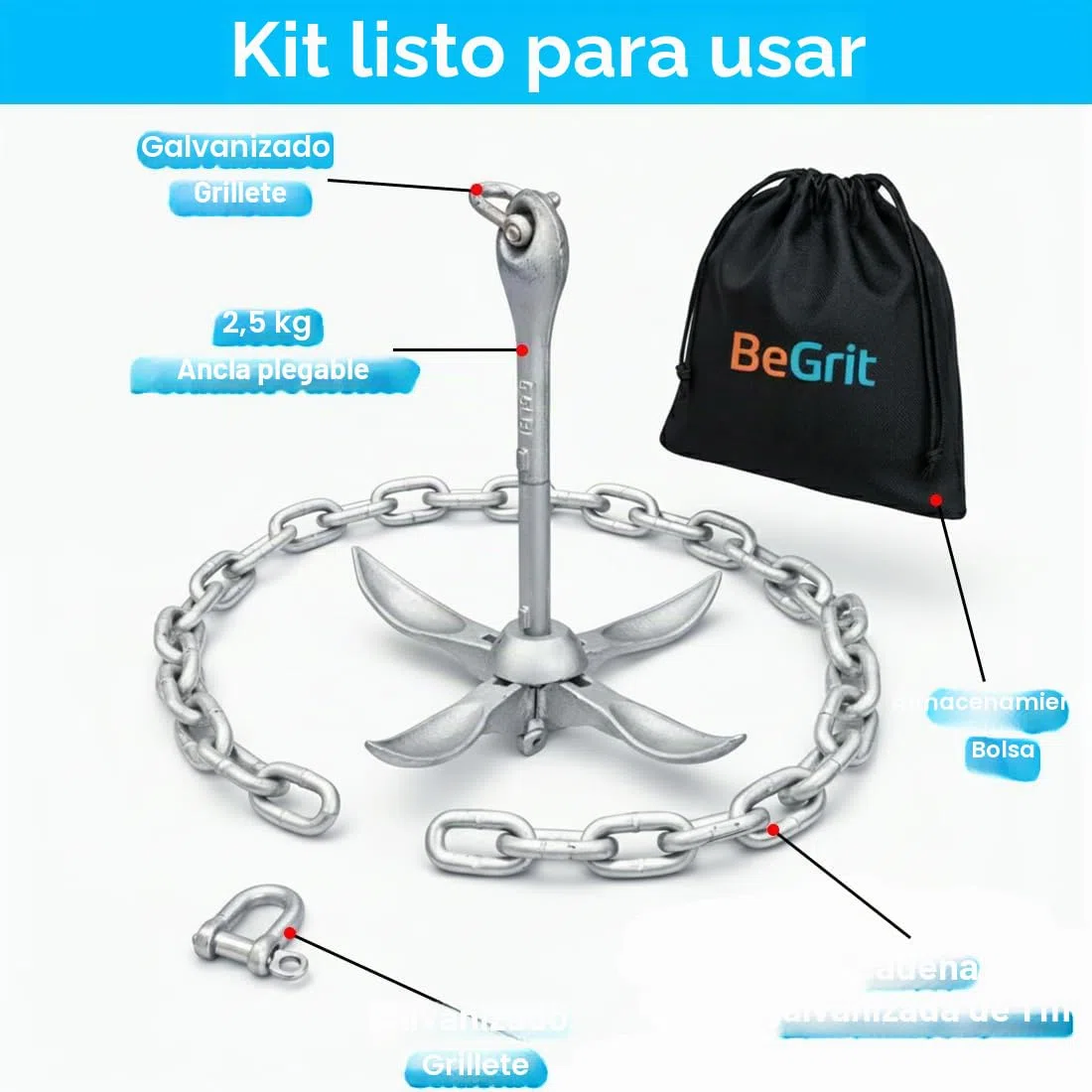 BeGrit Kit de Anclaje para Bote Ancla galvanizada 2.5kg, Ancla de garfio Plegable con Cadena galvanizada de 8 mm, para Botes de Pesca Sup inflables de Canoa de Kayak