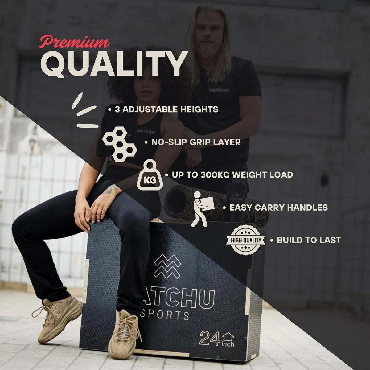 MATCHU - Cajón Pliometrico - Ajustable - Superficie Antideslizante - Capacidad de Carga hasta 300 KG - Fácilmente transportable - Madera - Negro