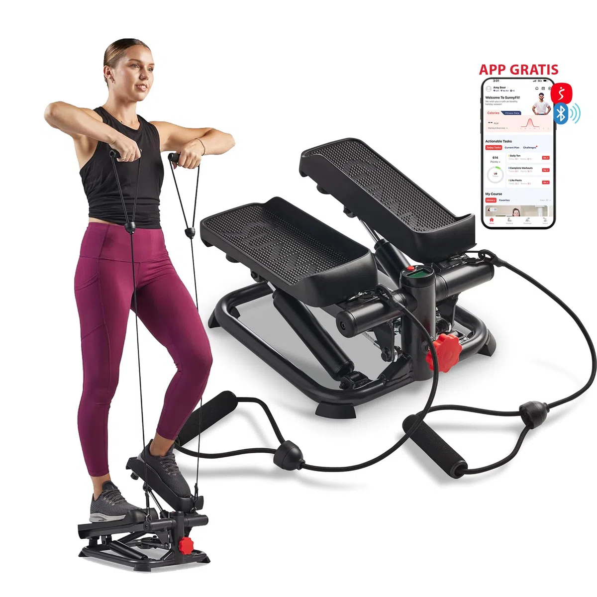 Sunny Health & Fitness Mini Steppers para Ejercicio, Escalones de Bajo Impacto, Equipo de Cardio de Cuerpo Completo, con Conexión Opcional Gratuita a la Aplicación SunnyFit y Banda de Resistencia