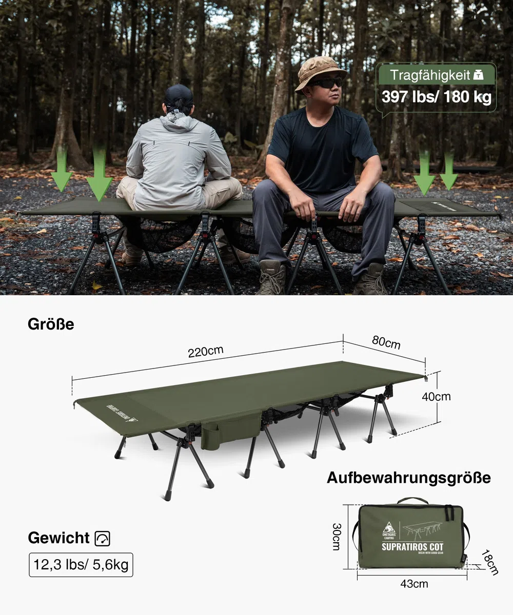 OneTigris SUPRATIROS Cama plegable XXL, portátil, plegable, ligera, para camping, hasta 180 kg, para tienda de campaña, exterior, viajes, jardín, oficina (220 x 80 cm)