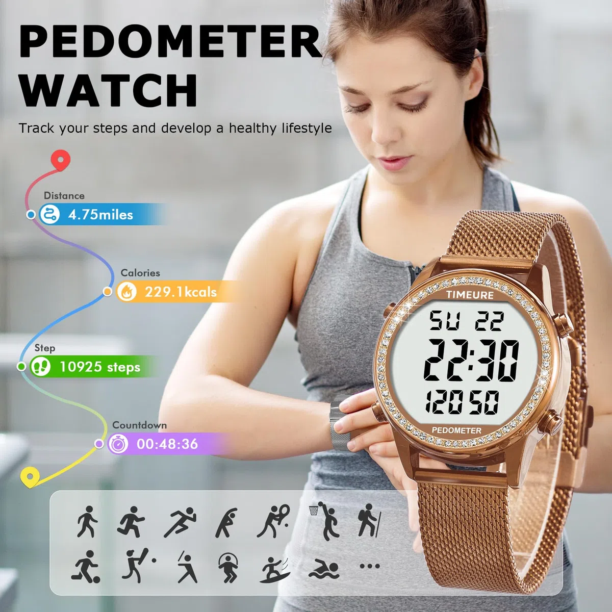 TIMEURE Reloj podómetro para mujer, con contador de pasos, piedra de cristal, sin aplicación, no necesita carga para pasos, calorías, seguimiento de distancia, alarma, temporizador de cuenta