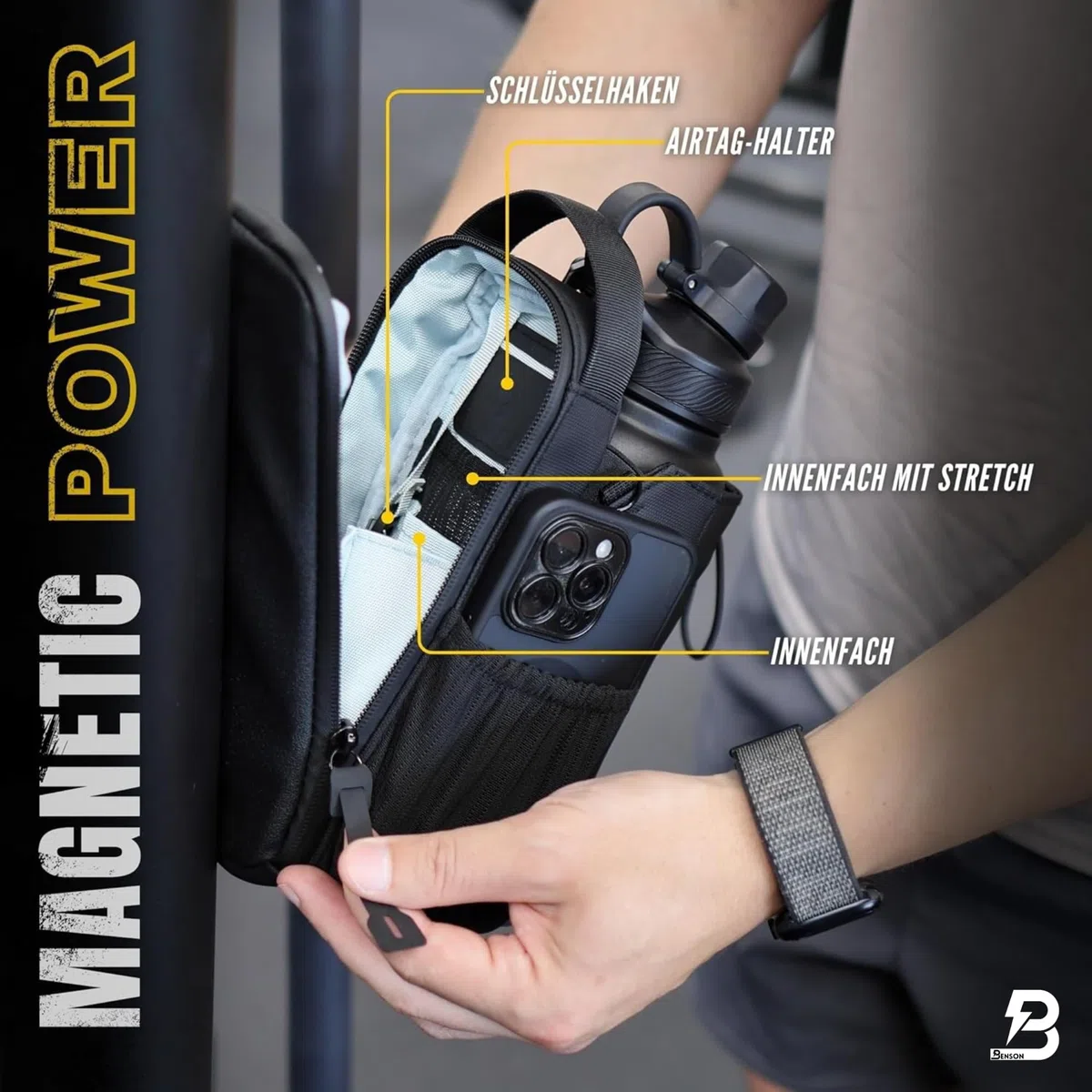 Benson - Bolsa de fitness magnética con fuerte fijación magnética, soporte para botella de 1200 ml, compartimento para teléfono móvil y mosquetón, para hombre y mujer, ideal para deportes, uso diario
