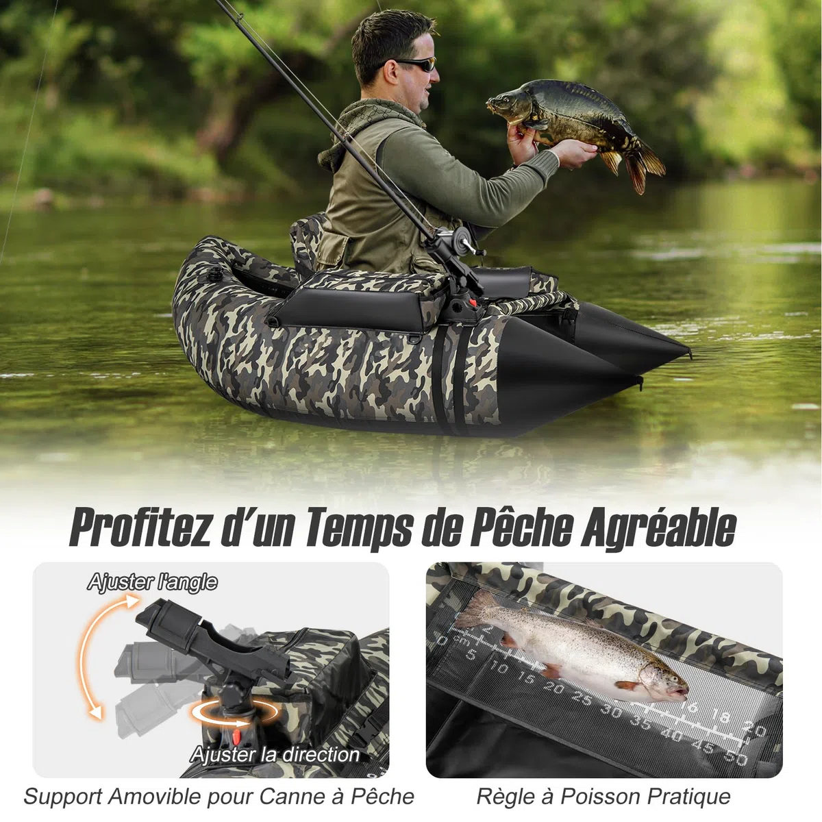 GOPLUS Barco de Pesca Inflable, Barca Hinchable con Respaldo y Correas Ajustables, Bomba Manual, Remo, Aletas, Soporte para Caña de Pescar, Regla de Peces, Almacenamiento, Carga 150 KG, Camuflaje