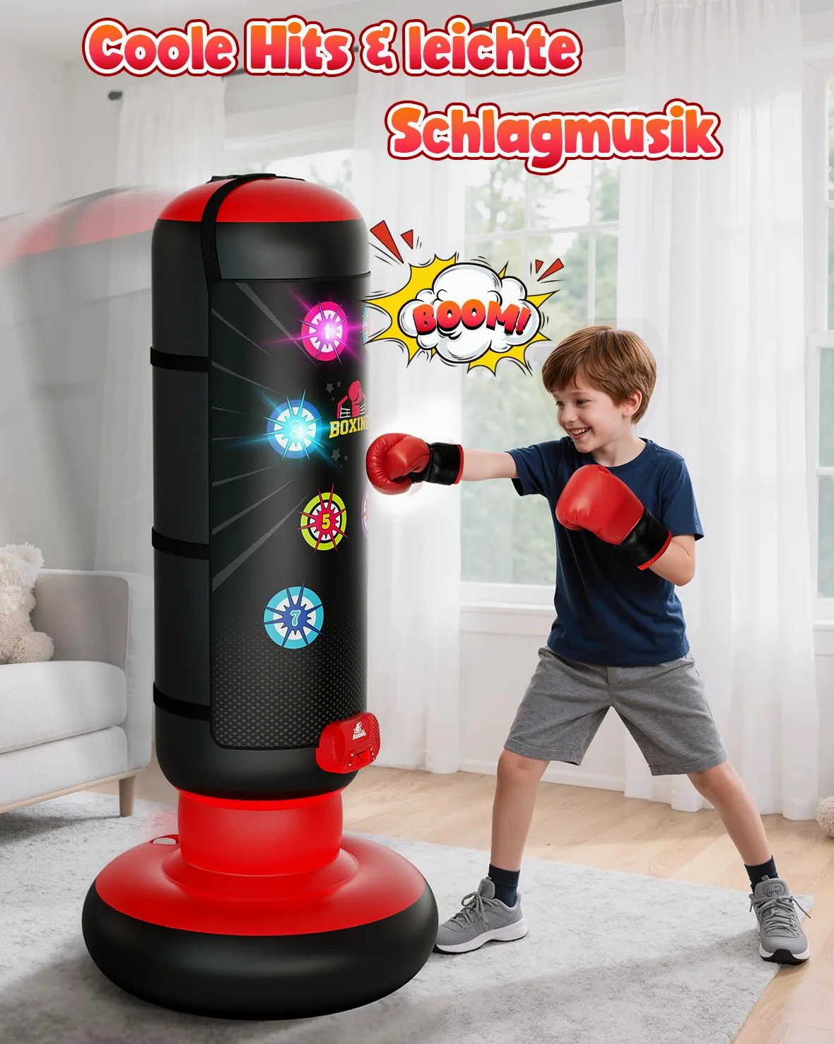 Saco de boxeo para niños, saco de boxeo de pie con música y luz, saco de boxeo interactivo, saco de boxeo hinchable con guante de boxeo, regalos para 6, 7, 8, 9, 10, 11, 12 años, niños, 2026