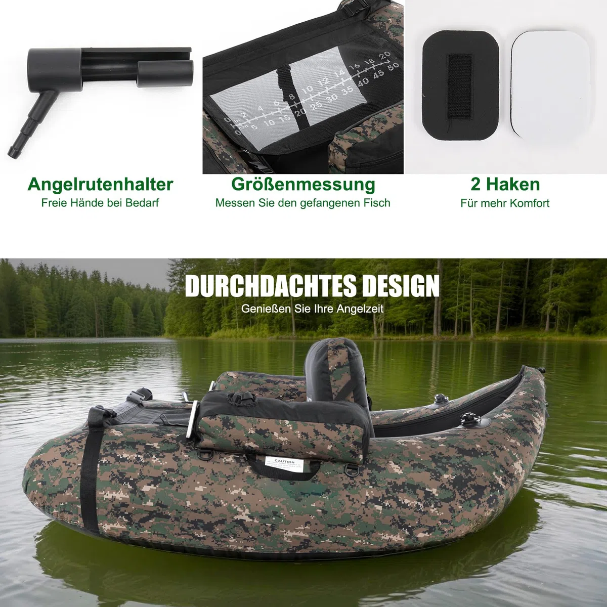 LEADZM Camuflaje - Barco inflable con bomba, barco de pesca con soporte para caña de pescar, correas ajustables, bolsa de almacenamiento, capacidad de carga 150 kg