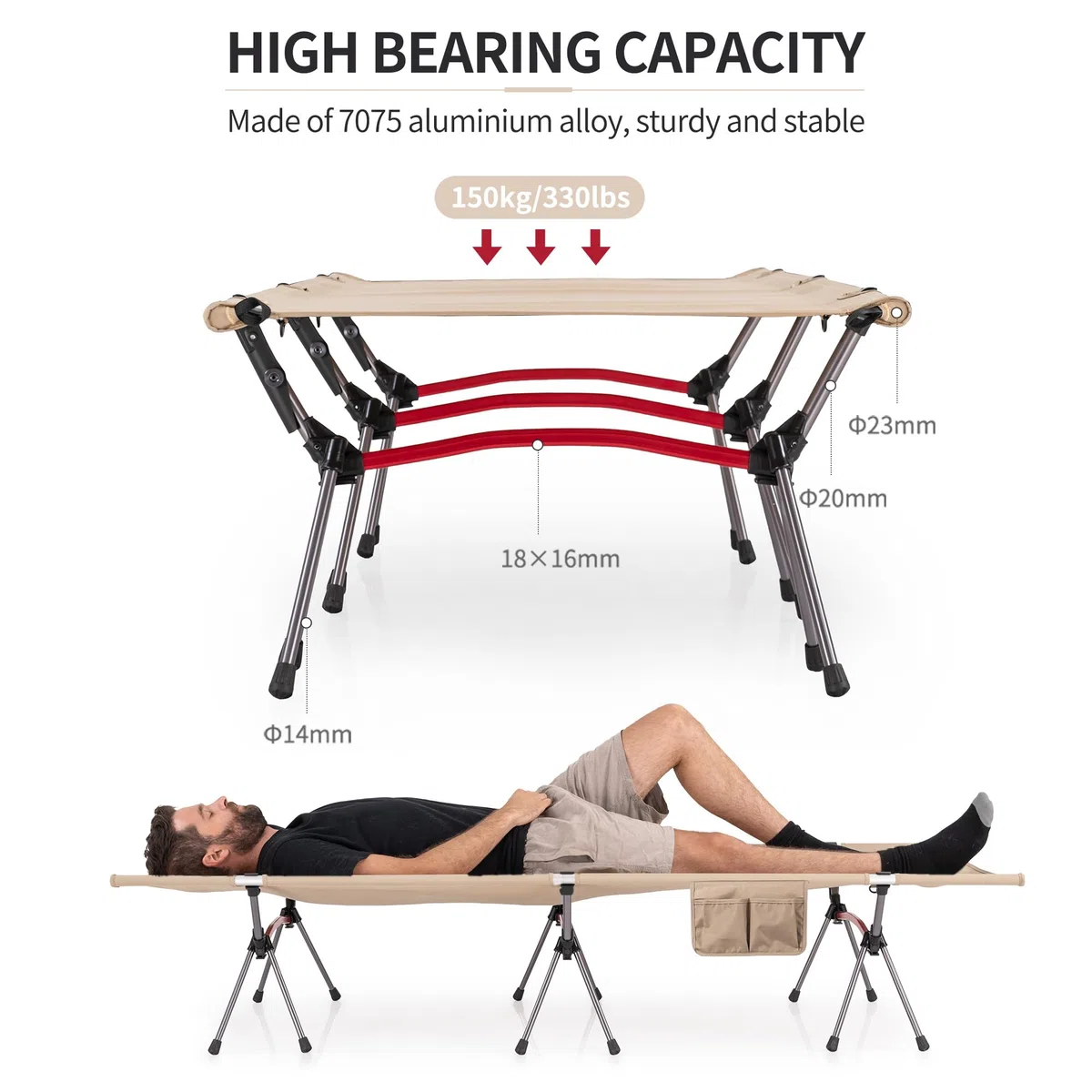 Naturehike - Cama de camping ultraligera, capacidad de carga de 150 kg, altura ajustable, plegable, portátil, ideal para camping, oficina o uso de invitados