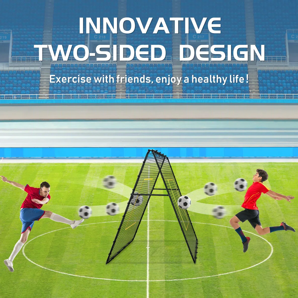 Jolitac Red de rebote de voleibol de doble cara, dispositivo de entrenamiento con zona de impacto, red de rebote doble para voleibol, fútbol, béisbol, lacrosse, tenis, 213 x 122 cm
