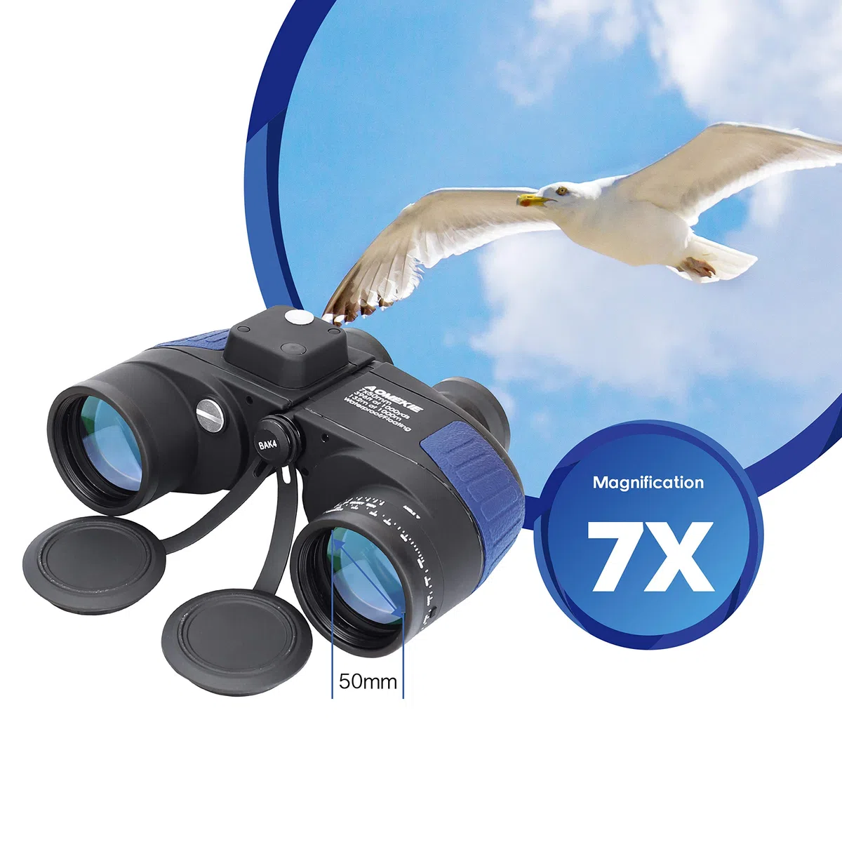 Aomekie Prismáticos Marinos 7X50 Prismaticos Militares BAK4 Porro Prism con Visor Interno y Brújula Impermeable a Prueba de Niebla y Flotante (Azul)