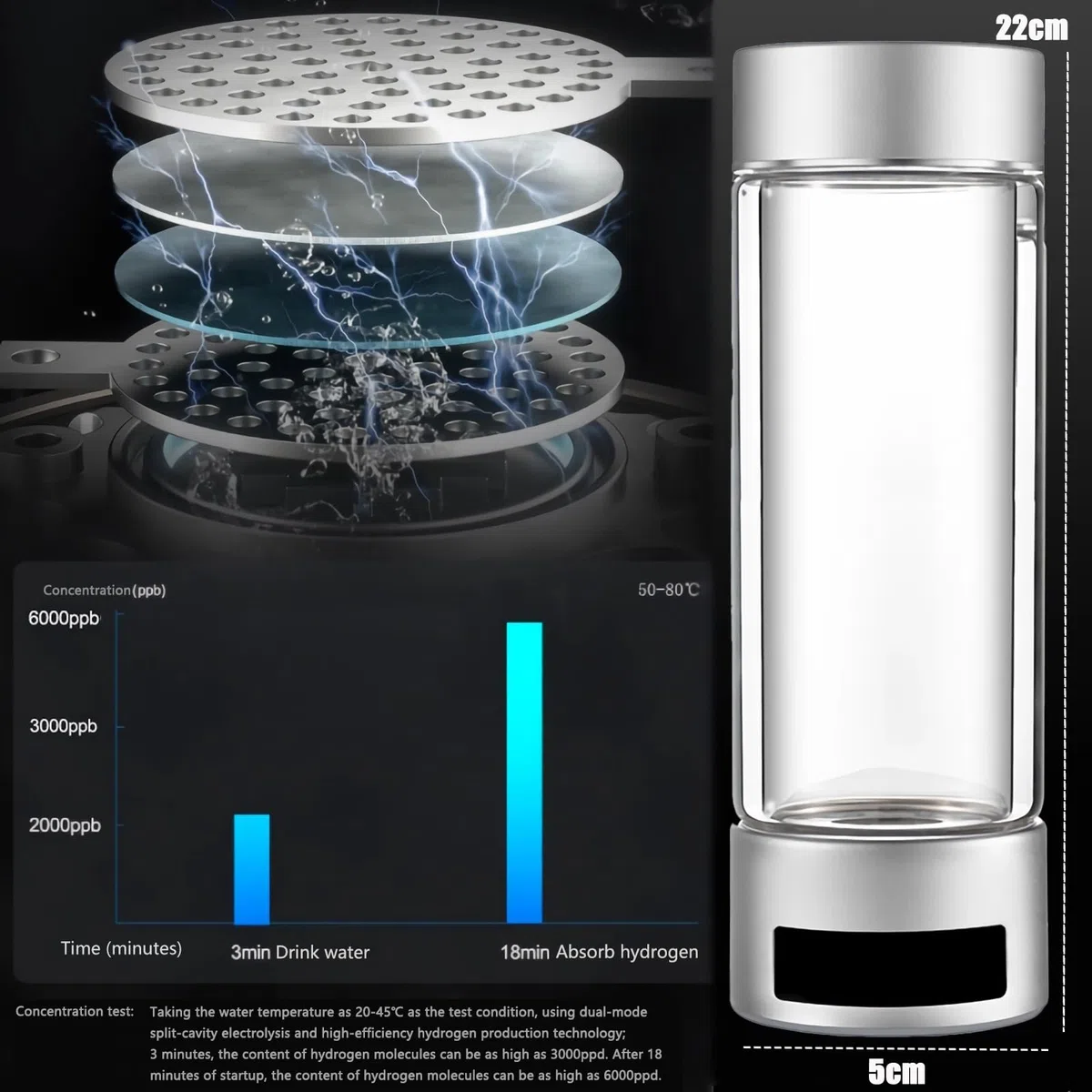 Botella de agua con hidrógeno, máquina ionizadora de agua portátil de carga USB,generador de agua ionizada contenido de hidrógeno ≥6000 ppb(plata,400ML)