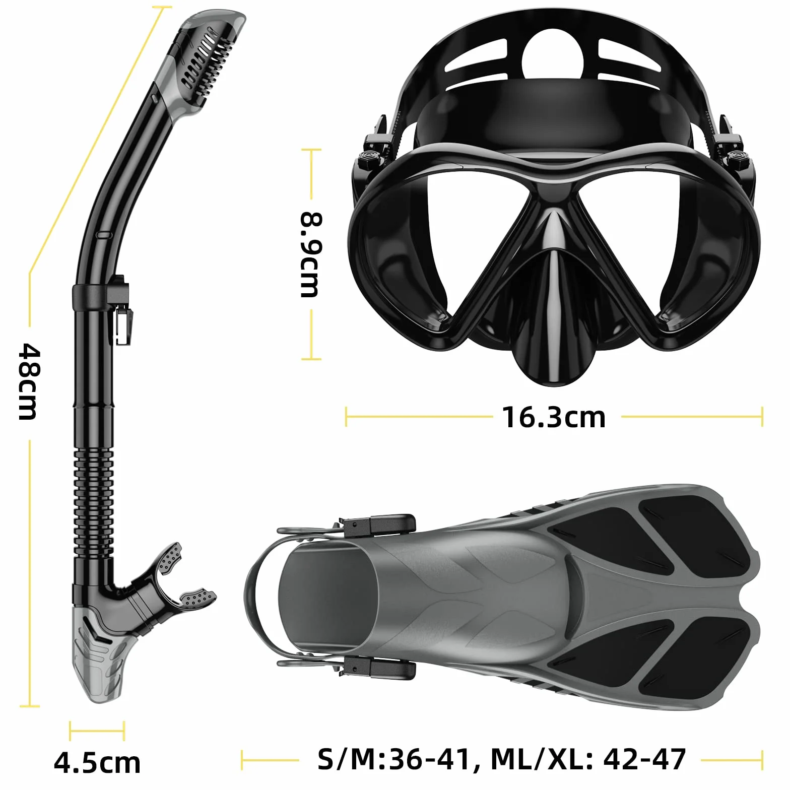 Máscara y Aletas,Esnórquel settauch Set, Snorkel Set,Gafas de Buceo,Funda Aletas, Gafas de Buceo Buceo Swim Mask Snorkel Aletas Snorkel para Adultos y Jóvenes