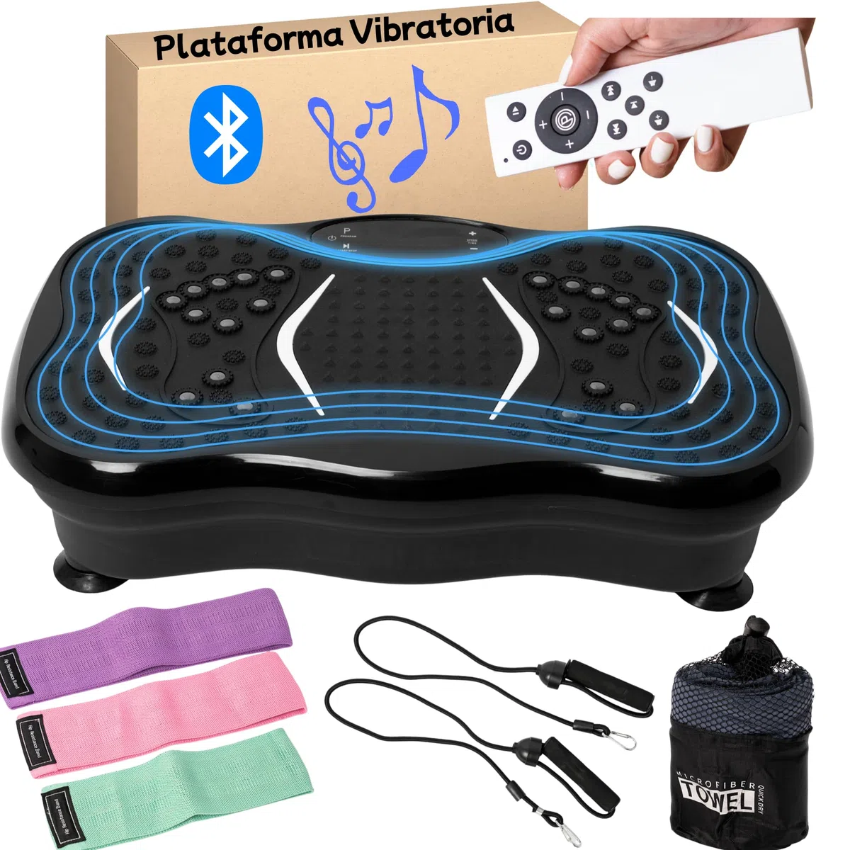 Plataforma vibratoria - Plataforma vibración Muscular - Vibration Plate - Plataforma vibración Adelgazar - Vibrating Plate con Sonido inalámbrico Bluetooh + Bandas elásticas , Manual y Toalla