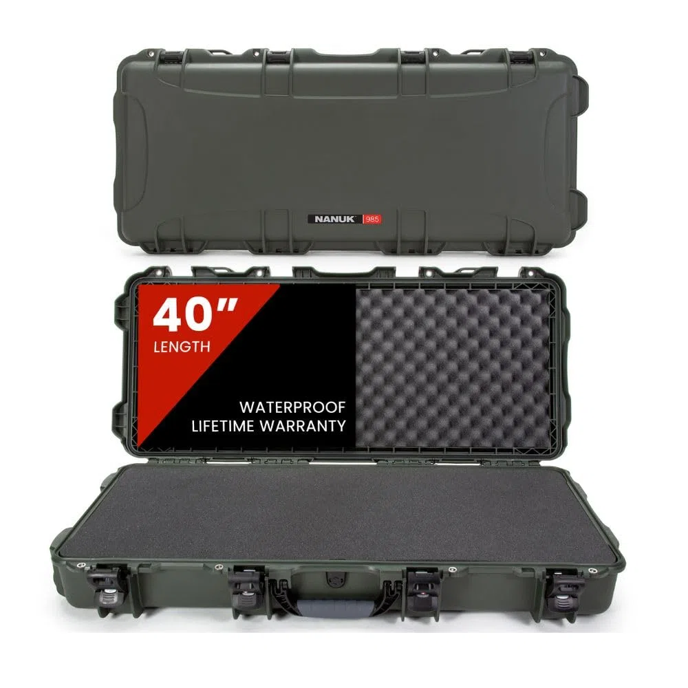 NANUK 985 Hard Case 40” with Wheels & Customizable Foam Insert, IP67 Waterproof & Crushproof, Rugged Construction for Ultimate Protection, Made in North America – Olive (39.7” x 17.3” x 6.6”)