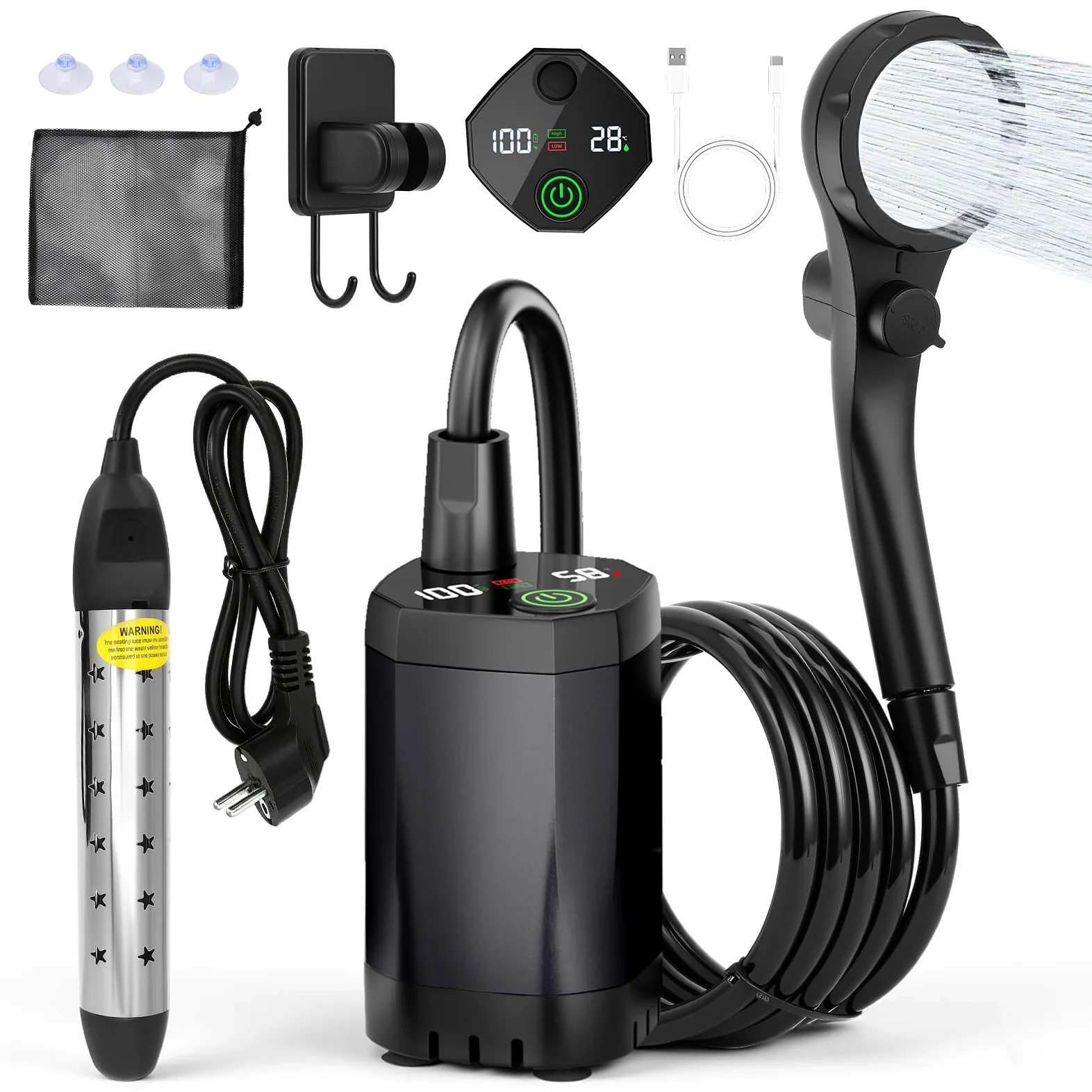 Ducha Portatil Agua Caliente, 6000 mAh Ducha Portatil Camping con Varilla Calefactora, Pantalla Digital Inteligente, Ducha Electrica para Acampar, Hacer Caminatas, Duchas para Perros