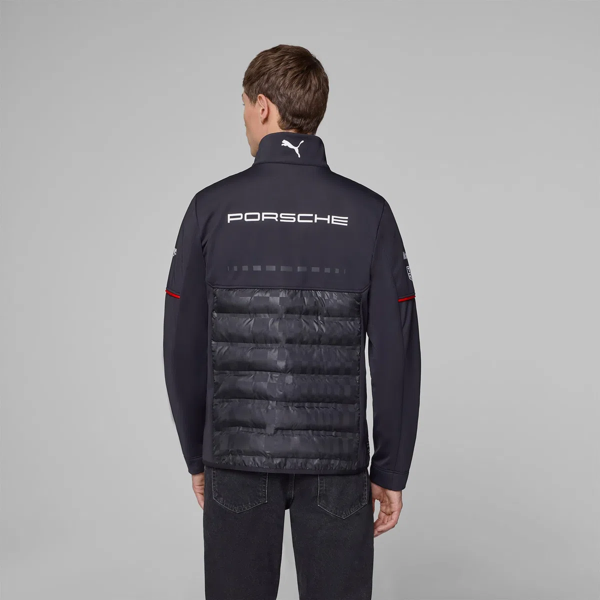 PUMA Porsche Motorsport Chaqueta híbrida del equipo para hombre con parte superior tejida y parte inferior acolchada para máxima comodidad - Negro