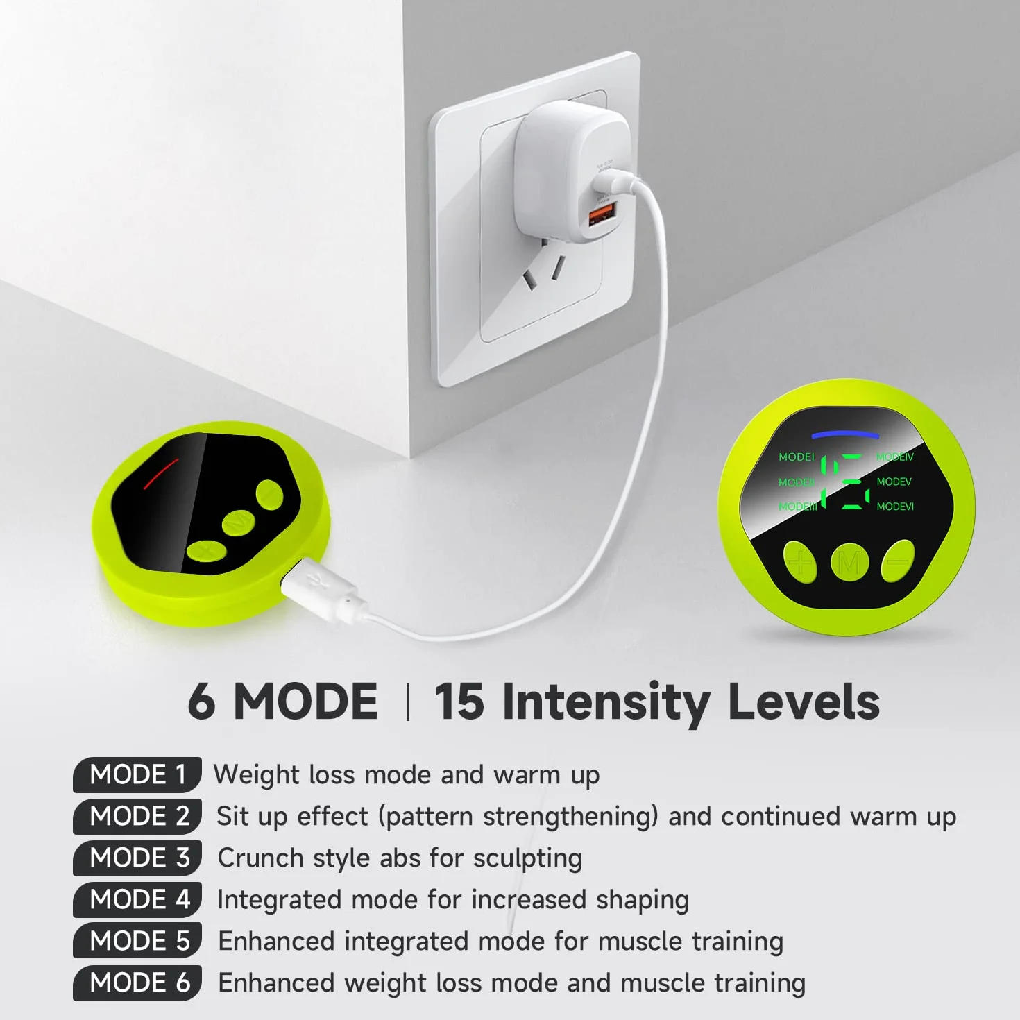 EMS Electroestimulador Muscular, Abdominales Electroestimulacion, Abdominales Cinturón, Masajeador Eléctrico Cinturón, 6 Modos y 15 Niveles de Intensidad (Hombres/Mujeres) - Verde