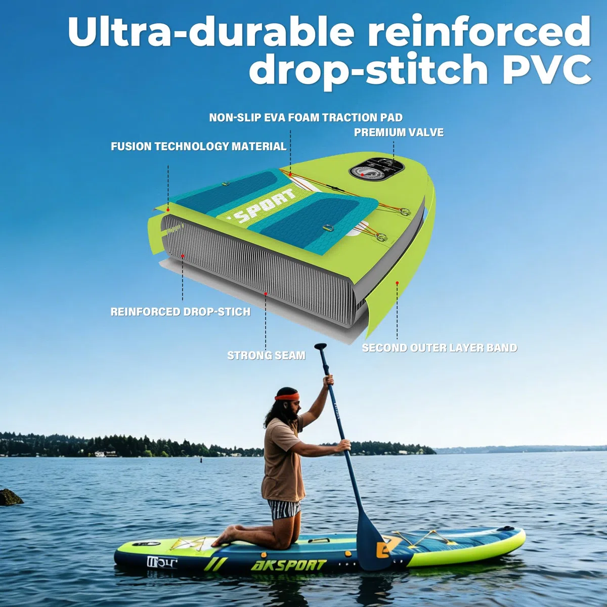 AKSPORT Tabla de Paddle Surf Hinchable 11' con Kit de Accesorios Premium | Diseño Extra Ancho 34" | Superficie Antideslizante | Ideal para Adultos y Jóvenes de Todos los Niveles