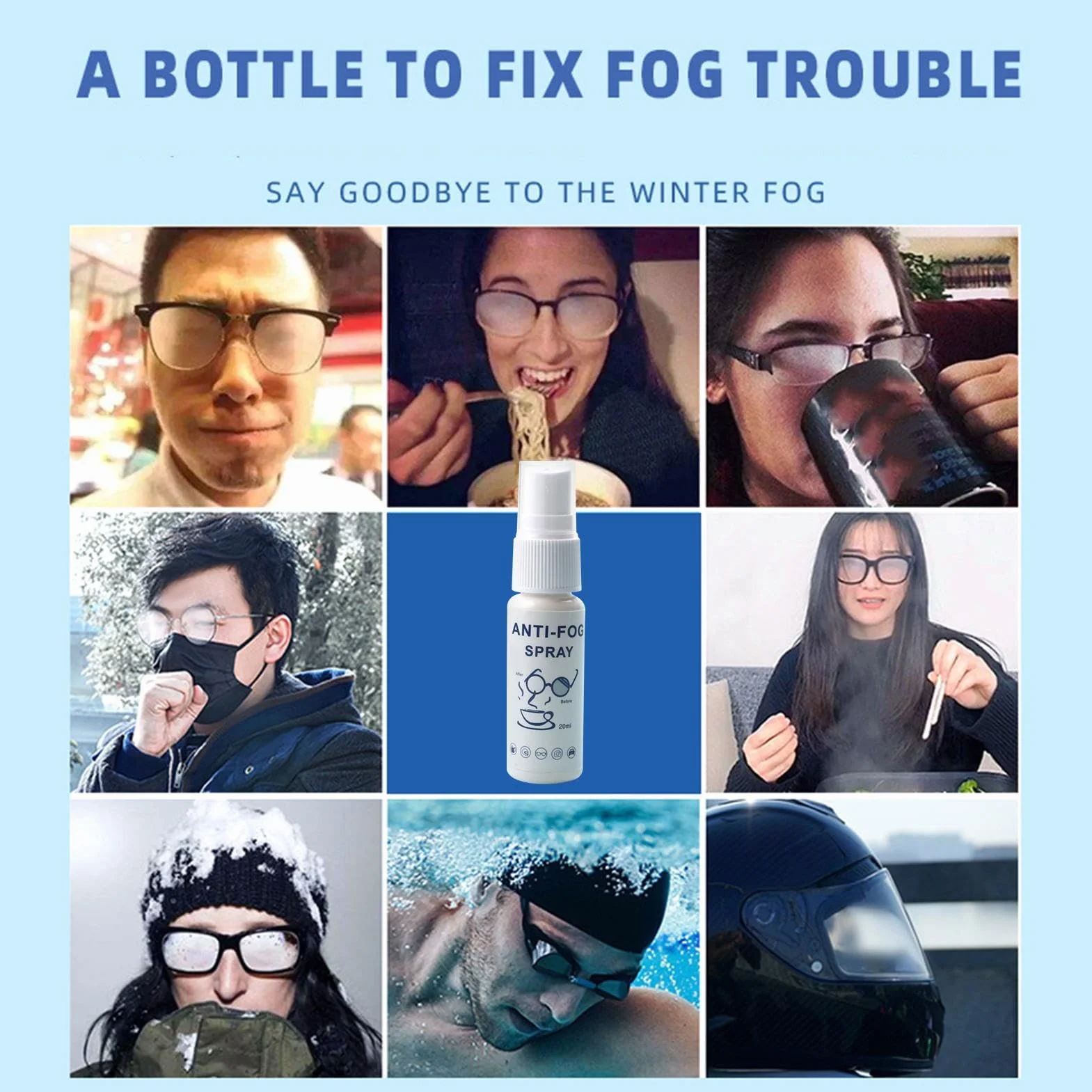 Spray antivaho para gafas de esquí, antivaho para gafas, 20 ml, antiempañamiento para gafas, duradero, sin rayas, para todos los cristales de coche, gafas de natación