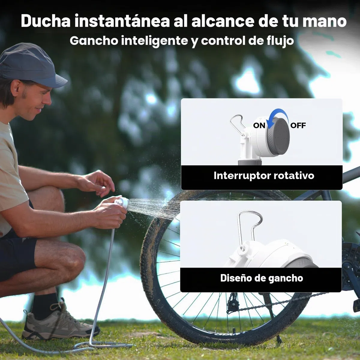 FLEXTAILGEAR Tiny Shower - Ducha portátil de camping con bomba, manguera de 2,2 m, carga USB-C y dos modos de flujo de ahorro de agua, para jardín, viajes, playa y mascotas