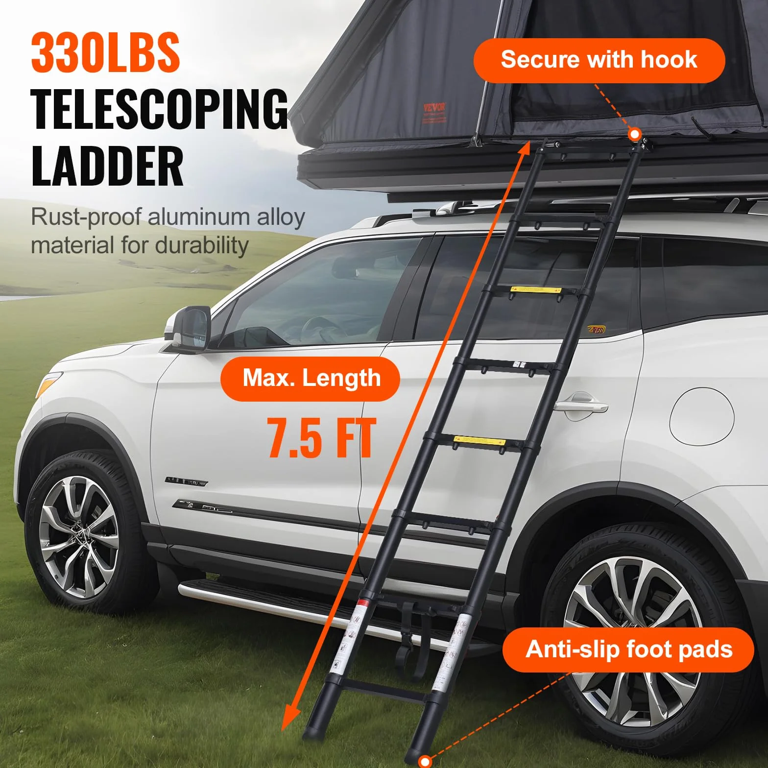 VEVOR Tienda de Techo Rígida para 2 o 3 Personas, con Escalera Telescópica y Colchón Grueso, Impermeable y Resistente al Viento para Camionetas Jeep, SUV y Furgonetas, 1460 x 2630 x 1290 mm, Negro