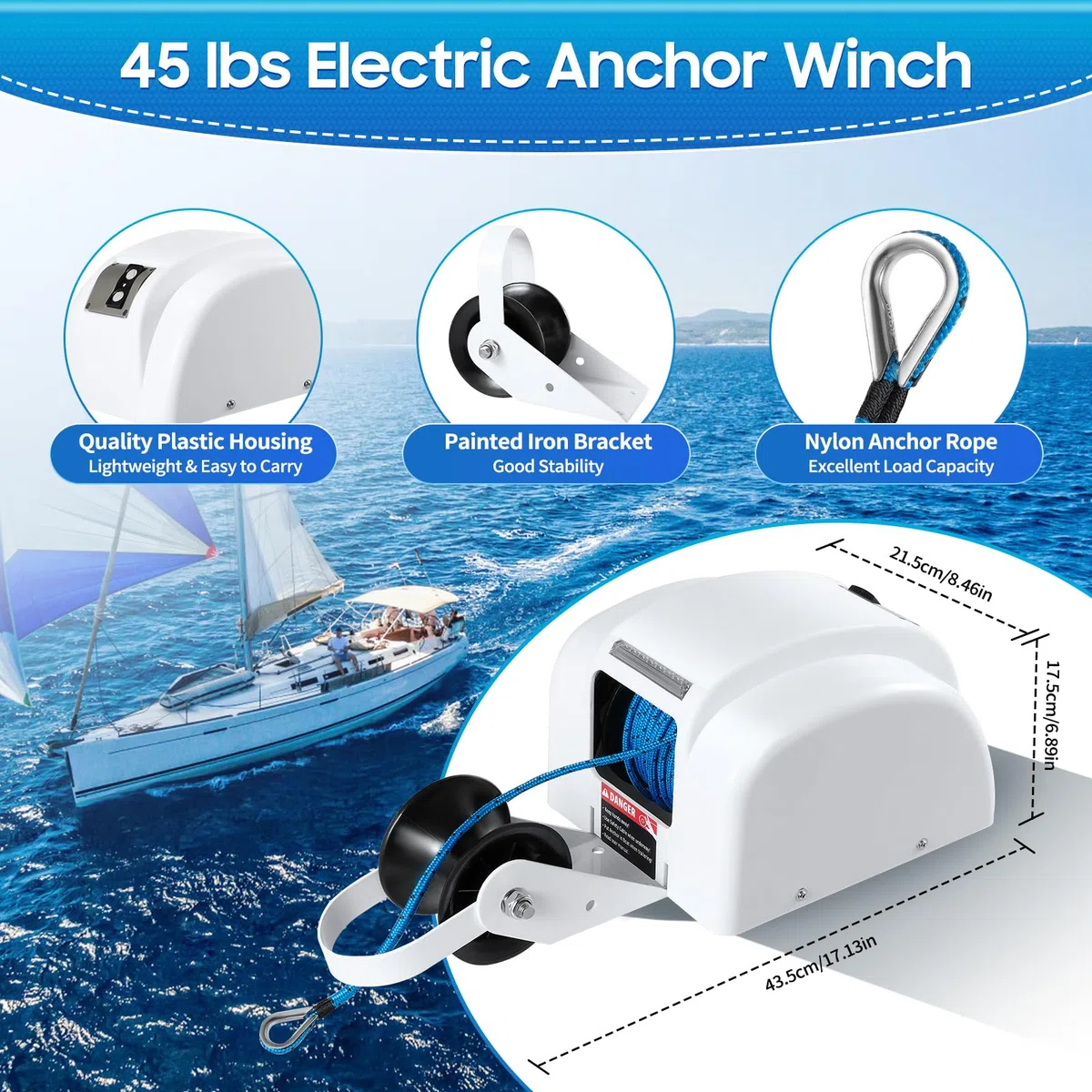 Bote de agua salada Molinete eléctrico con mando a distancia, 30 m, 12 V, 45 LBS marinos, cabrestante de agua dulce, para ancla, hasta 13,6 kg