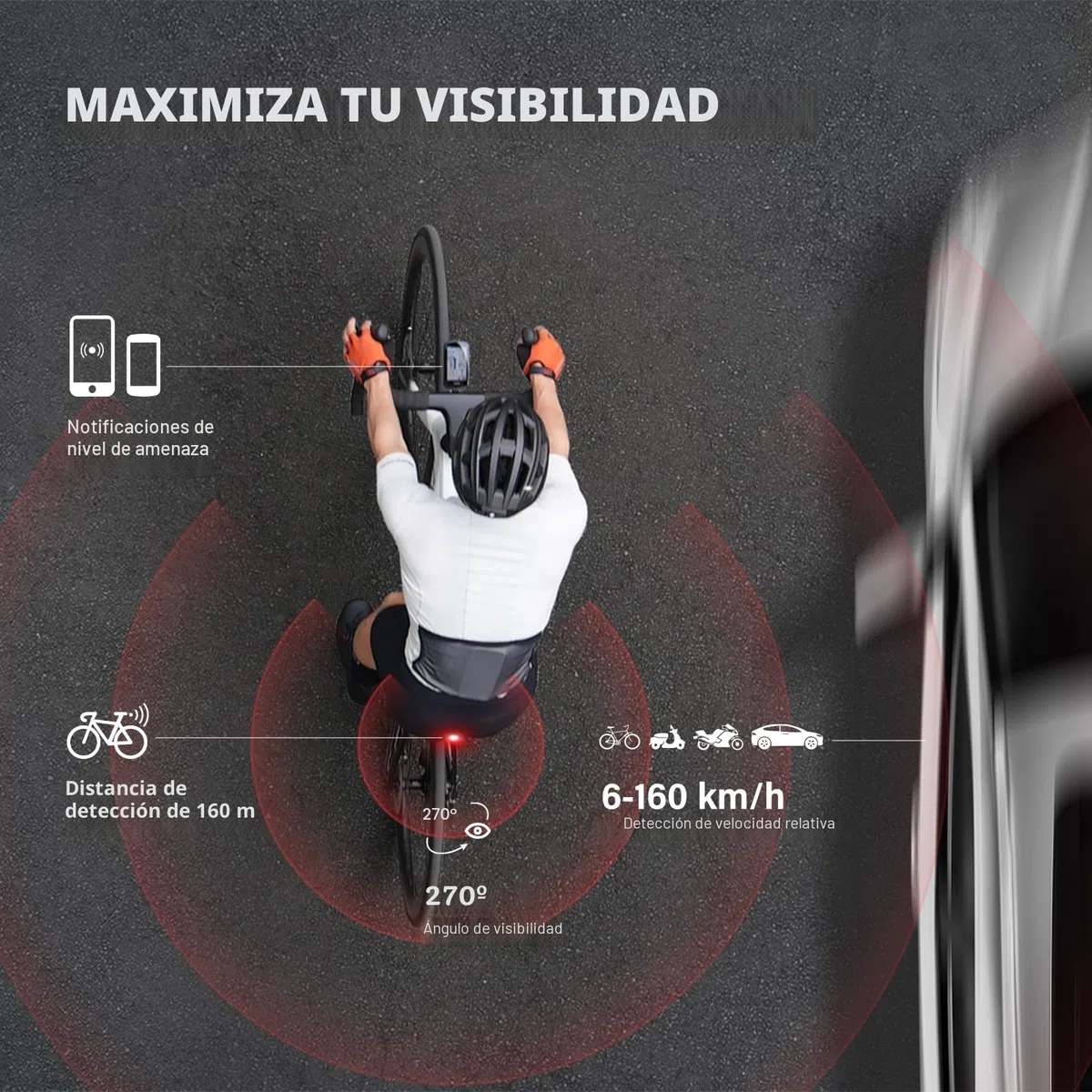 CYCPLUS Bicicleta luz Trasera con Radar, con detección precisa de frenado, alertas visuales para vehículos hasta 160m, batería Recargable de 2000mAh, Encendido/Apagado automático, Impermeable IPX6