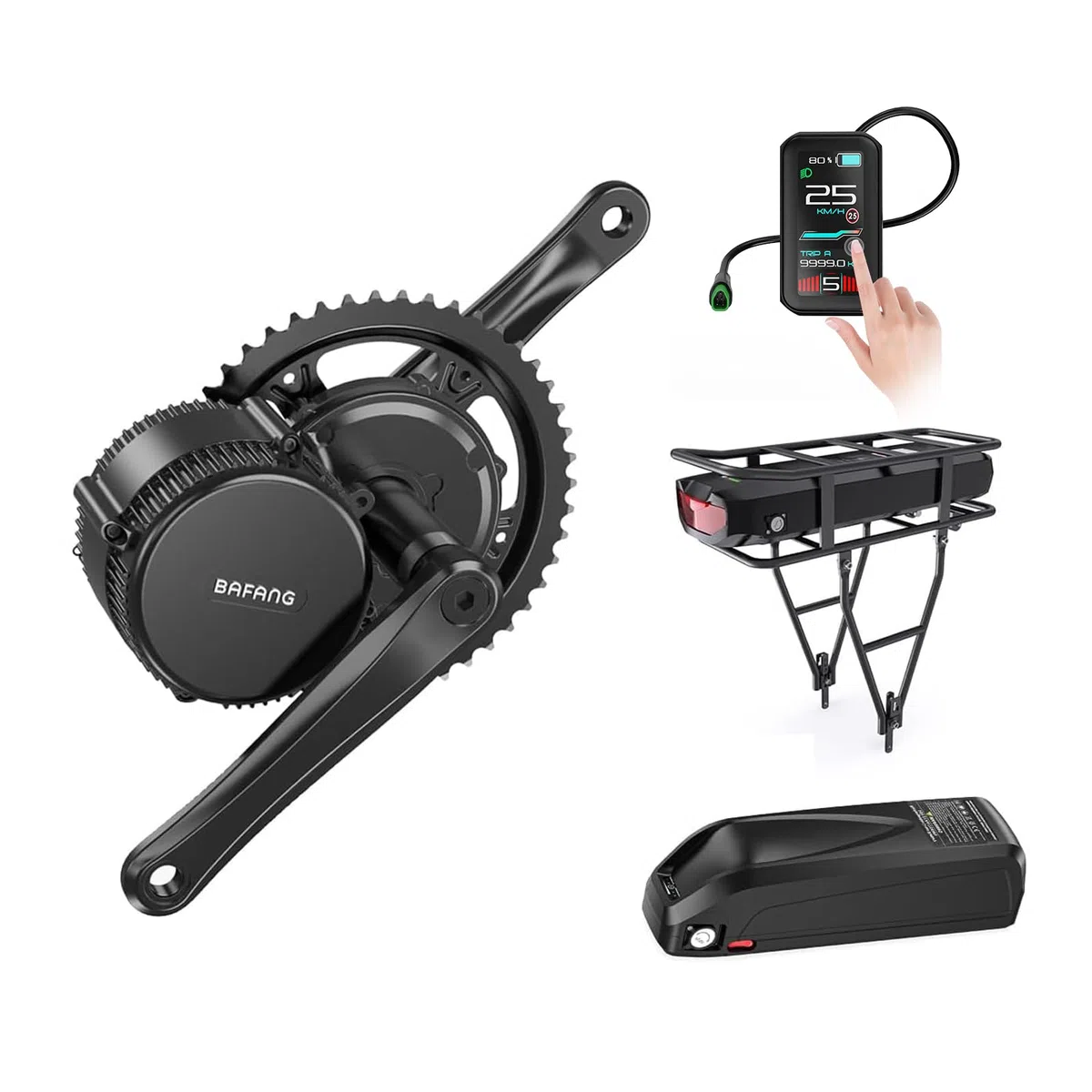 BAFANG Conversión Kit de Bicicleta Eléctrica DIY con Motor Central Incluye Opciones Paquete de Batería, BBS02B BBS-HD 250W, para BB 68-73MM/85-105MM/105-125MM con Pantalla LCD