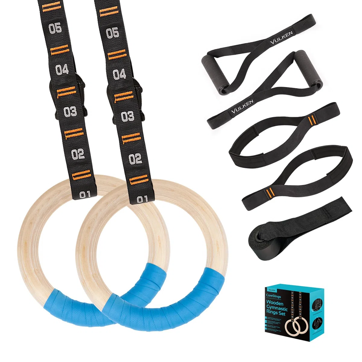 Vulken - Anillos de Gimnasia de Madera con Correas numeradas Ajustables. Anillos olímpicos de 1.25 Pulgadas para Entrenamiento de núcleo, Crossfit, Entrenamiento de Peso Corporal. Anillos de Gimnasio