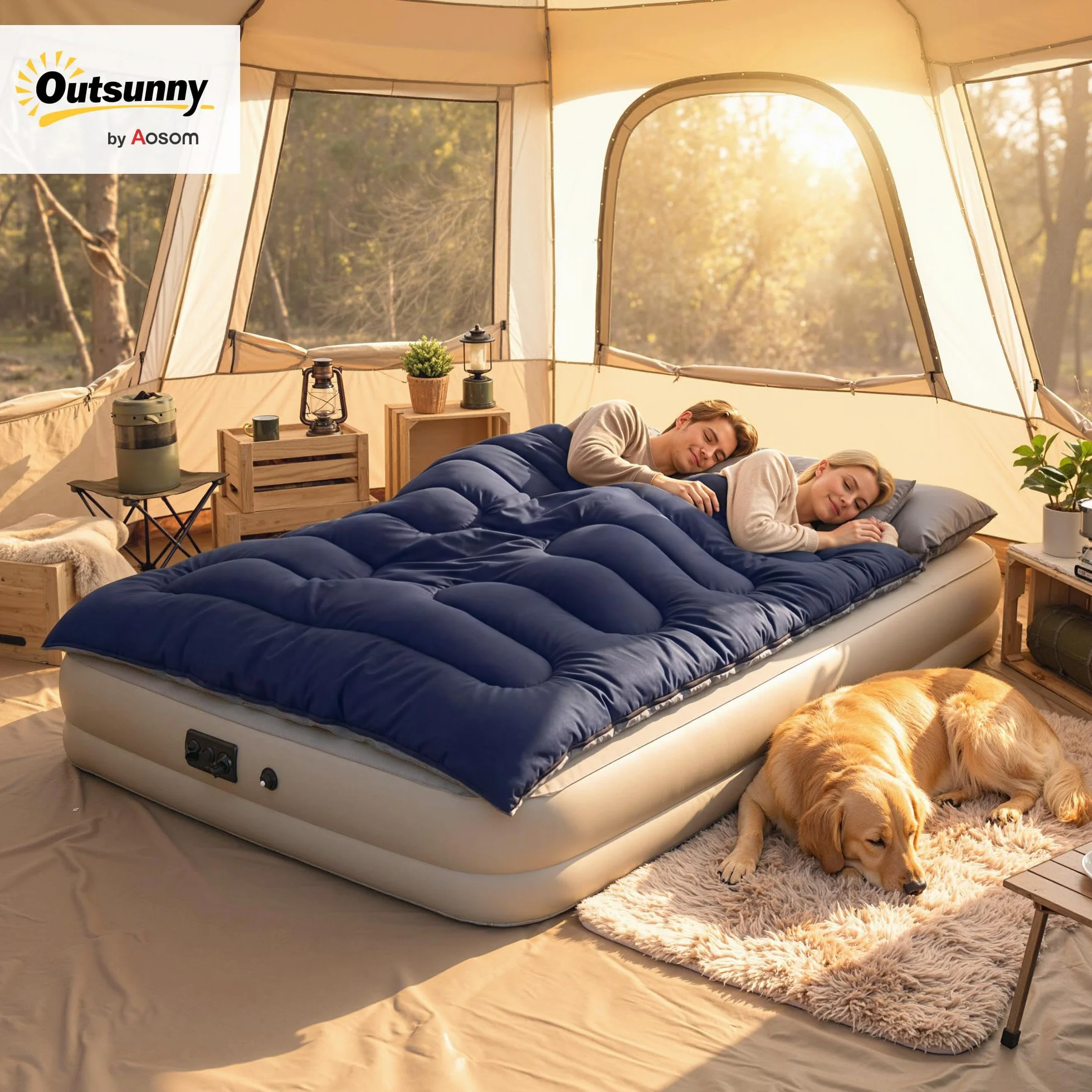 Outsunny Saco de Dormir Doble Adulto, Ligero, Tamaño Queen para 2 Personas 3 Estaciones, Saco de Dormir Rectangular con 2 Almohadas y Bolsa Transporte, para Días Fríos, Acampar, Senderismo Azul Oscuro