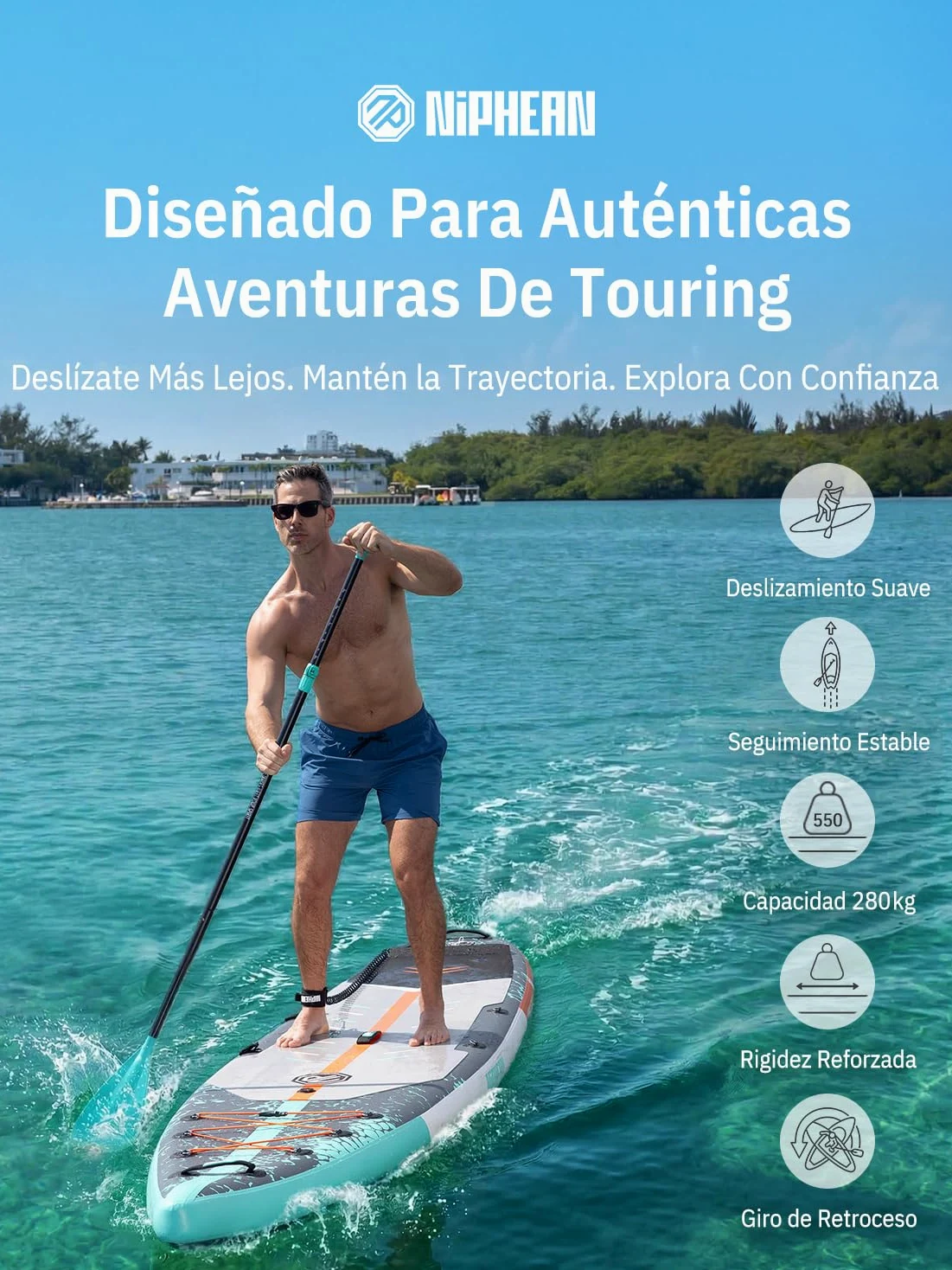 Niphean Tabla De Paddle Surf Hinchable De 380 Cm, Capacidad De 280 Kg, Tabla Padel Surf Touring con Accesorios Completos Y Kick Pad, Estable para Adultos Y Jóvenes, Ideal para Surf Principiantes