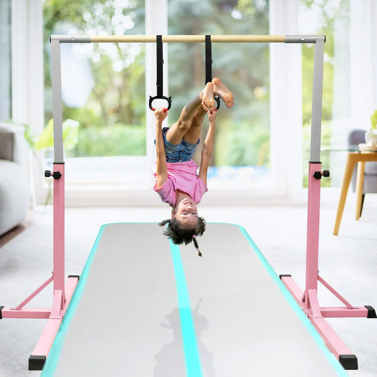 FBSPORT Barra de Gimnasia para Niños Barra Horizontal de Gimnasia con 13 Altura Ajustable de Barra de Entrenamiento con Anillos de Gimnasia Barra de Entrenamiento de Gimnasia expandible Junior Verde