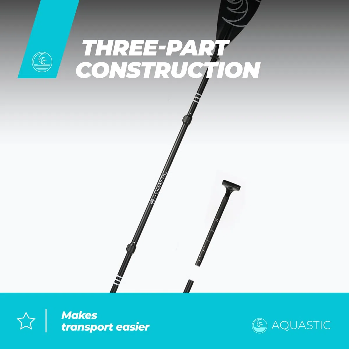 AQUASTIC Sup/Kayak Paddel AQS-SPD004 - Remo para Kayak (3 Piezas, Longitud Ajustable de 175 a 220 cm, Mango de Aluminio Duradero, Hoja de Remo compacta y Ligera), Color Negro