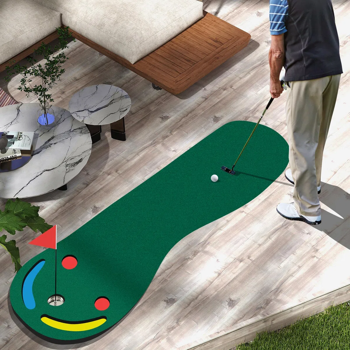 GYMAX Tapete De Golf De 3 Hoyos De 300 x 96 cm con Taza Y Bandera De Ayuda para El Entrenamiento, Tapete De Entrenamiento De Práctica De Golf Portátil para Interiores Y Exteriores