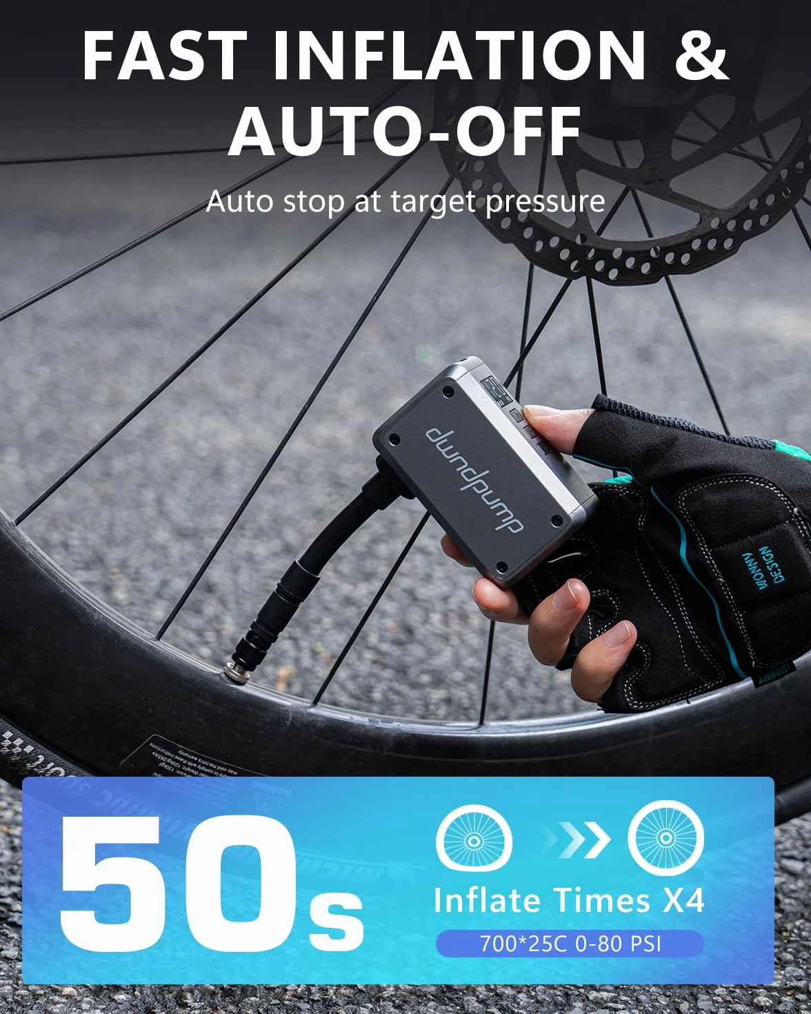 dwndpump Mini Bomba Eléctrica para Bicicleta, Bomba de Bicicleta con Manómetro Máx 120 PSI, Bomba Mini Portátil para Bicicleta, Parada Automática, con Válvula Presta y Schrader