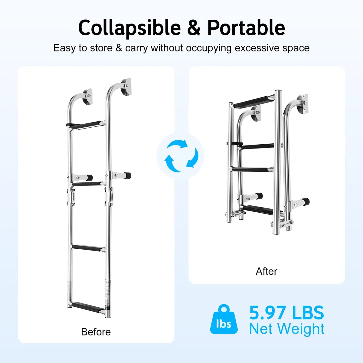 Escalera telescópica plegable de 4 peldaños, acero inoxidable para barco, yate, peldaños antideslizantes y carga máxima de 136 kg, para pontón, barco, yate, piscina cubierta