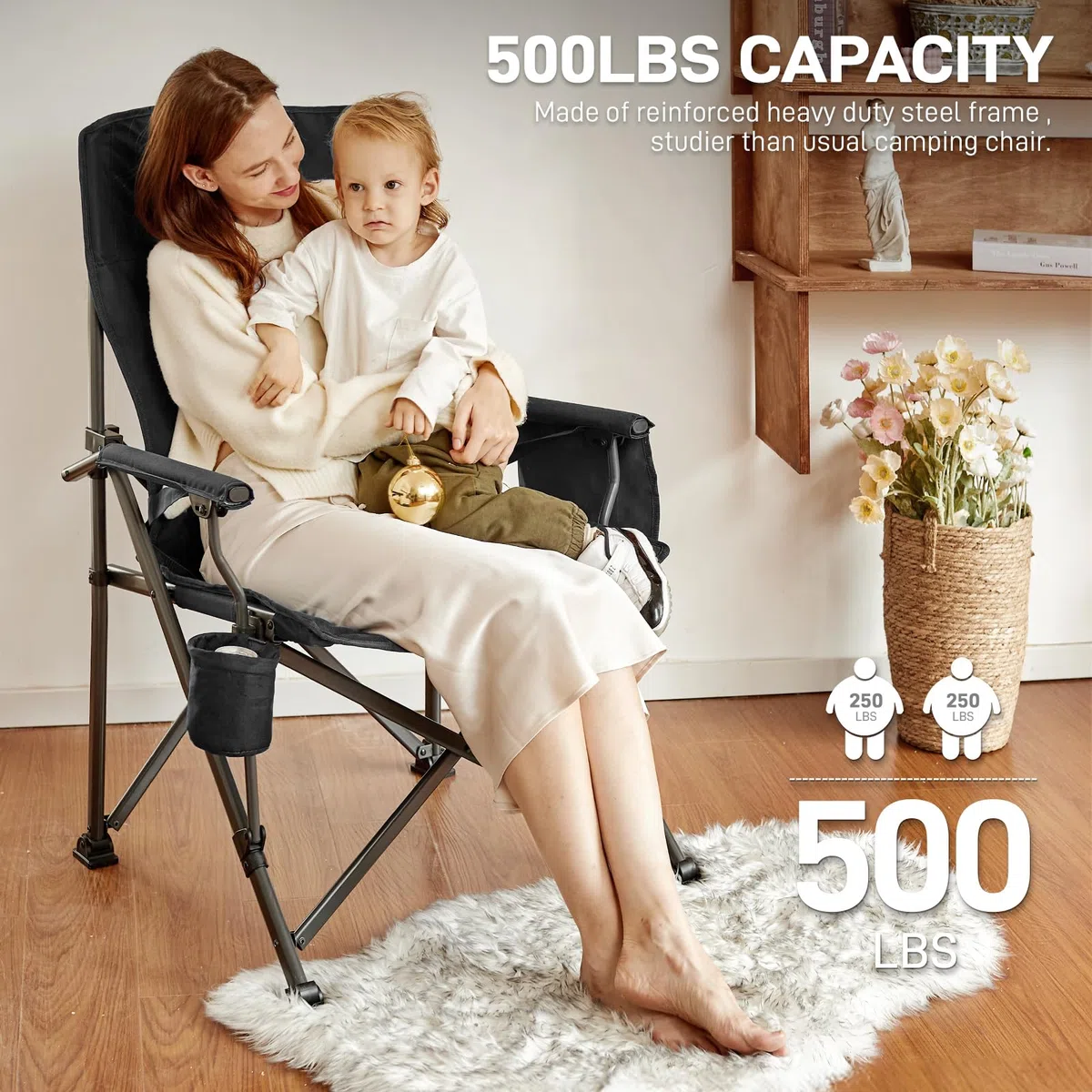 EVER ADVANCED Silla de Camping Plegable, soporta 230 kg, XL, Soporte Lumbar, Silla Plegable de 62 cm de Ancho con Bolsillo Lateral, Soporte para Bebidas, Silla Plegable de Gran tamaño, Silla de Pesca