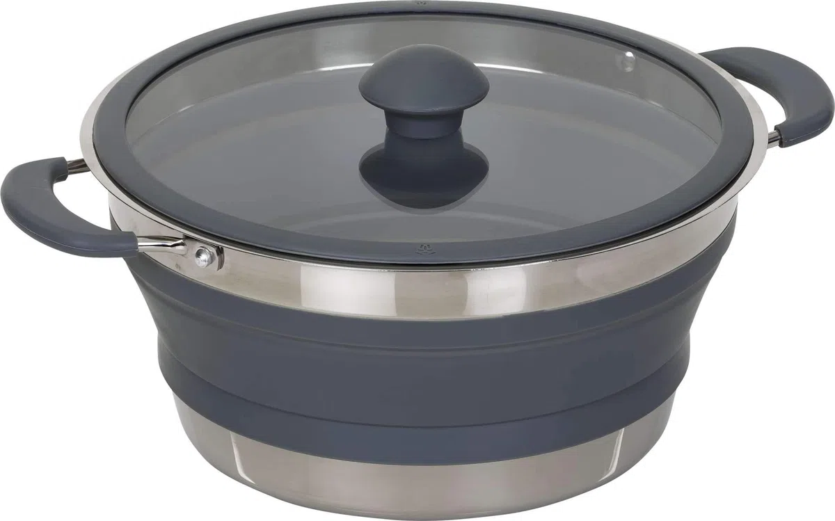 BERGER | Olla Plegable 3,5 L con tapa, Silicona y acero inoxidable, Extremadamente compacta (solo 6 cm plegada), Apta para lavavajillas y uso alimentario - Color gris