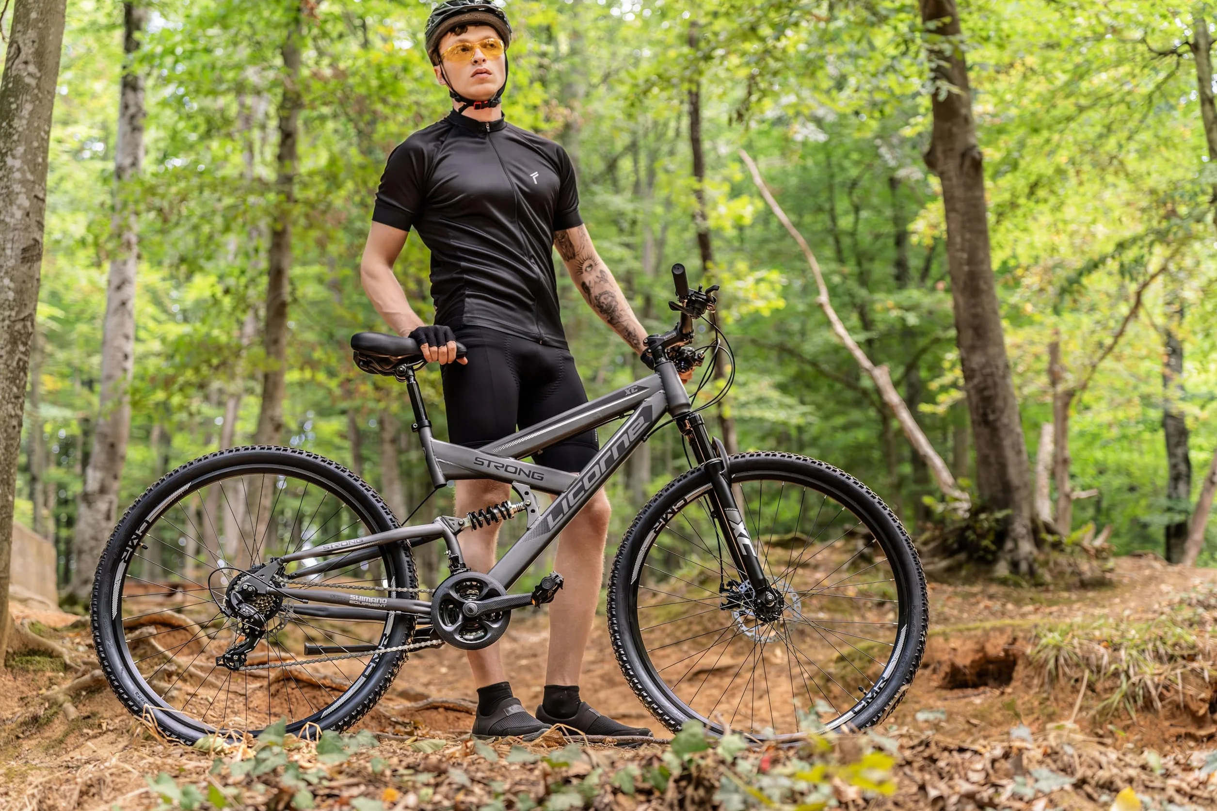 Licorne Bike Bicicleta de montaña Strong 2D, para niños, niñas, mujeres y hombres, freno de disco delantero y trasero, 21 velocidades, suspensión completa, negro/lima, 27,5 pulgadas